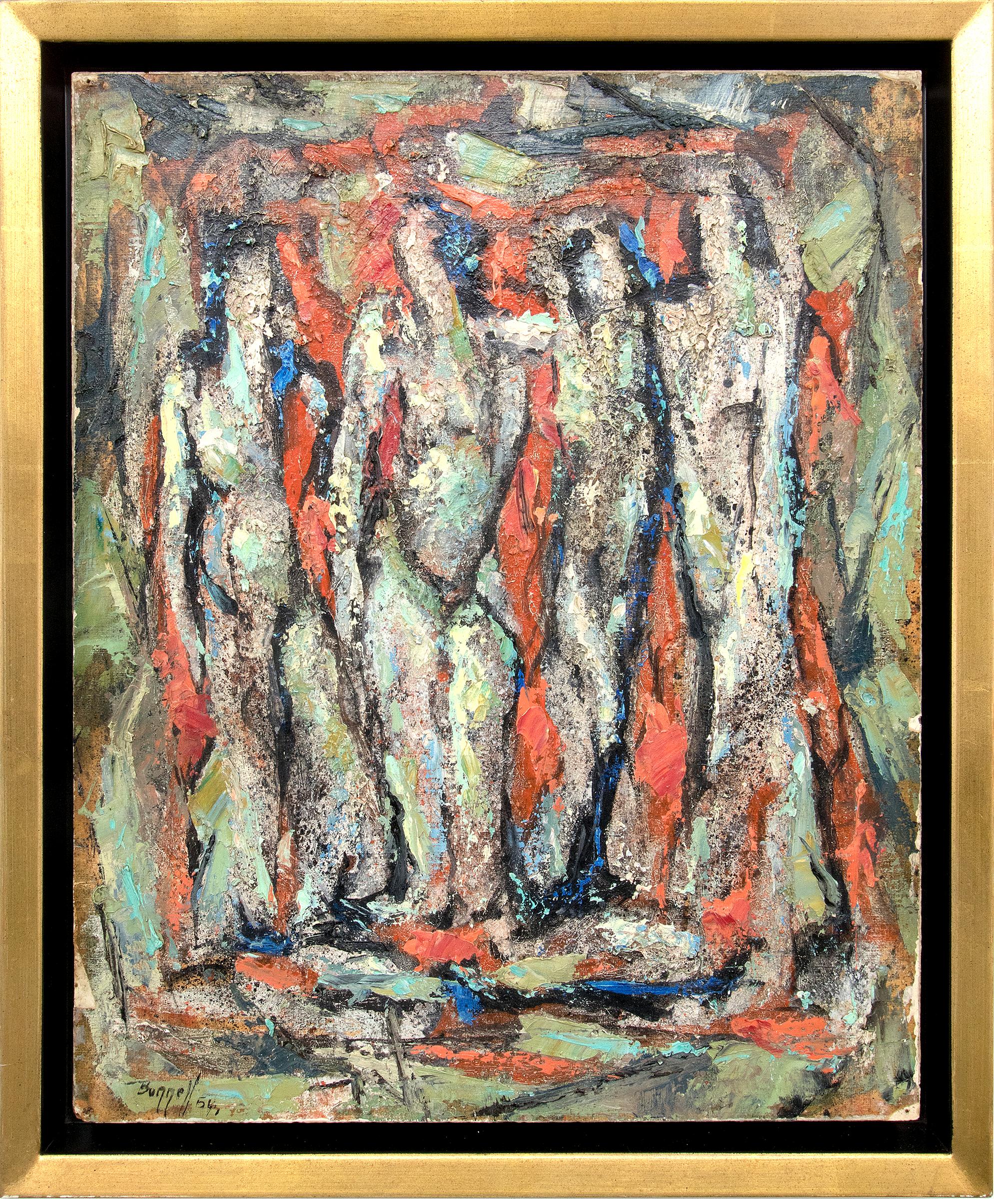 Charles Ragland Bunnell Abstract Painting - Untitled (Abstract with Four Nudes), Semi-Abstract Nude, Orange, Green and Blue
