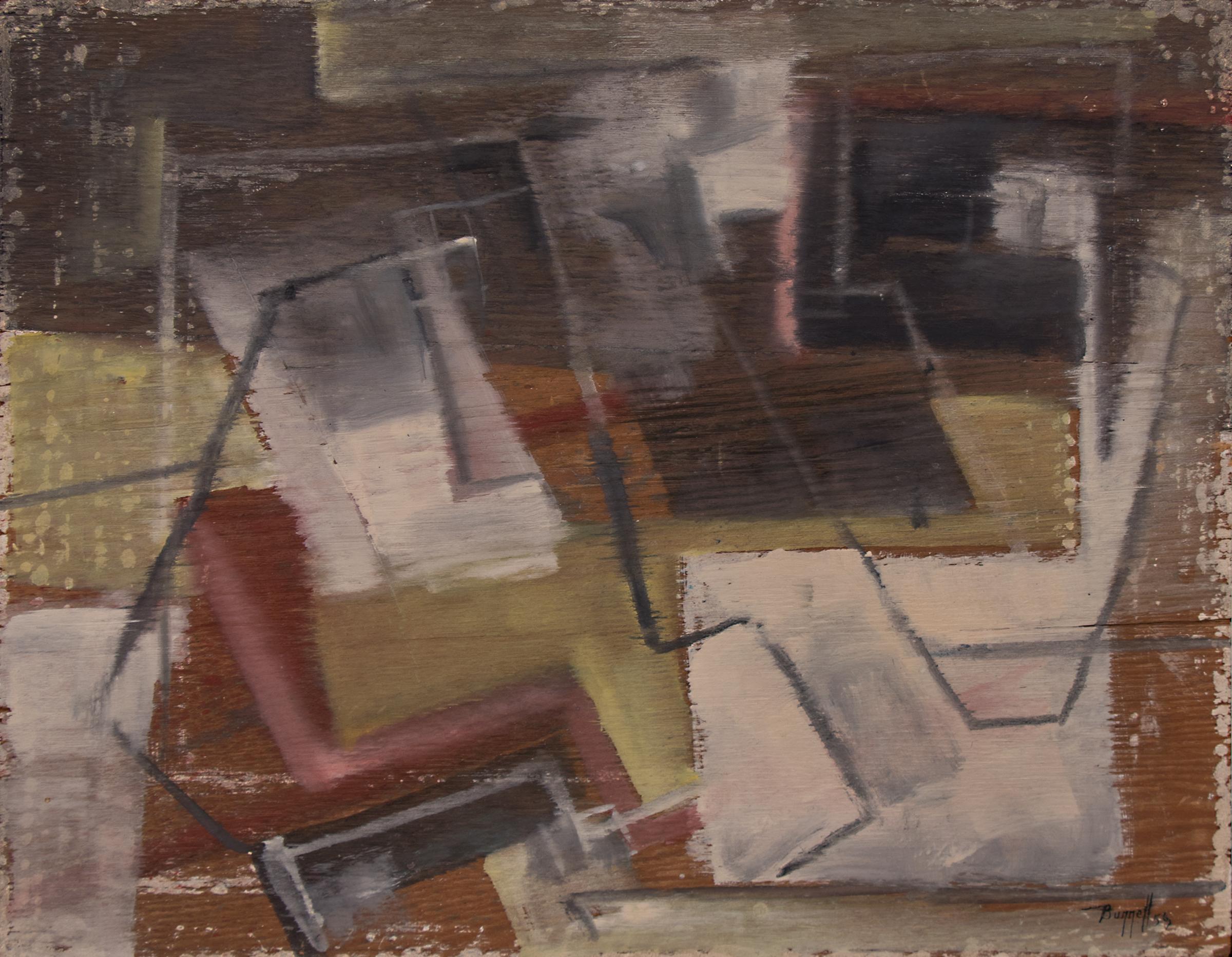 Charles Ragland Bunnell Abstract Painting – 1950er Jahre Gerahmtes Abstraktes Expressionistisches Ölgemälde, Mid Century Modern, Grün Rot
