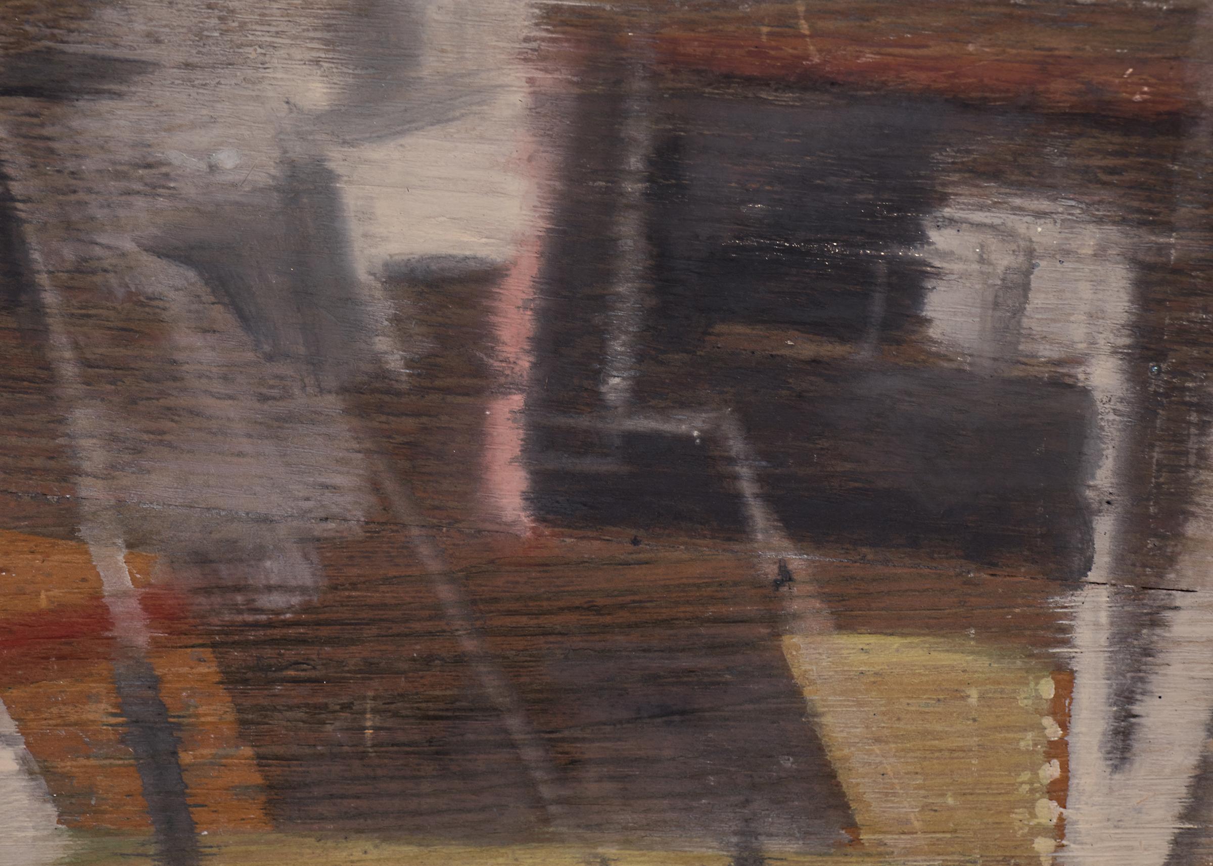 Vintage By 1950er Jahre Mitte des Jahrhunderts moderne abstrakte expressionistische Malerei von Colorado Künstler, Charles Ragland Bunnell in Schattierungen von rot, grün, weiß und schwarz. Präsentiert im Originalrahmen des Künstlers, Außenmaße