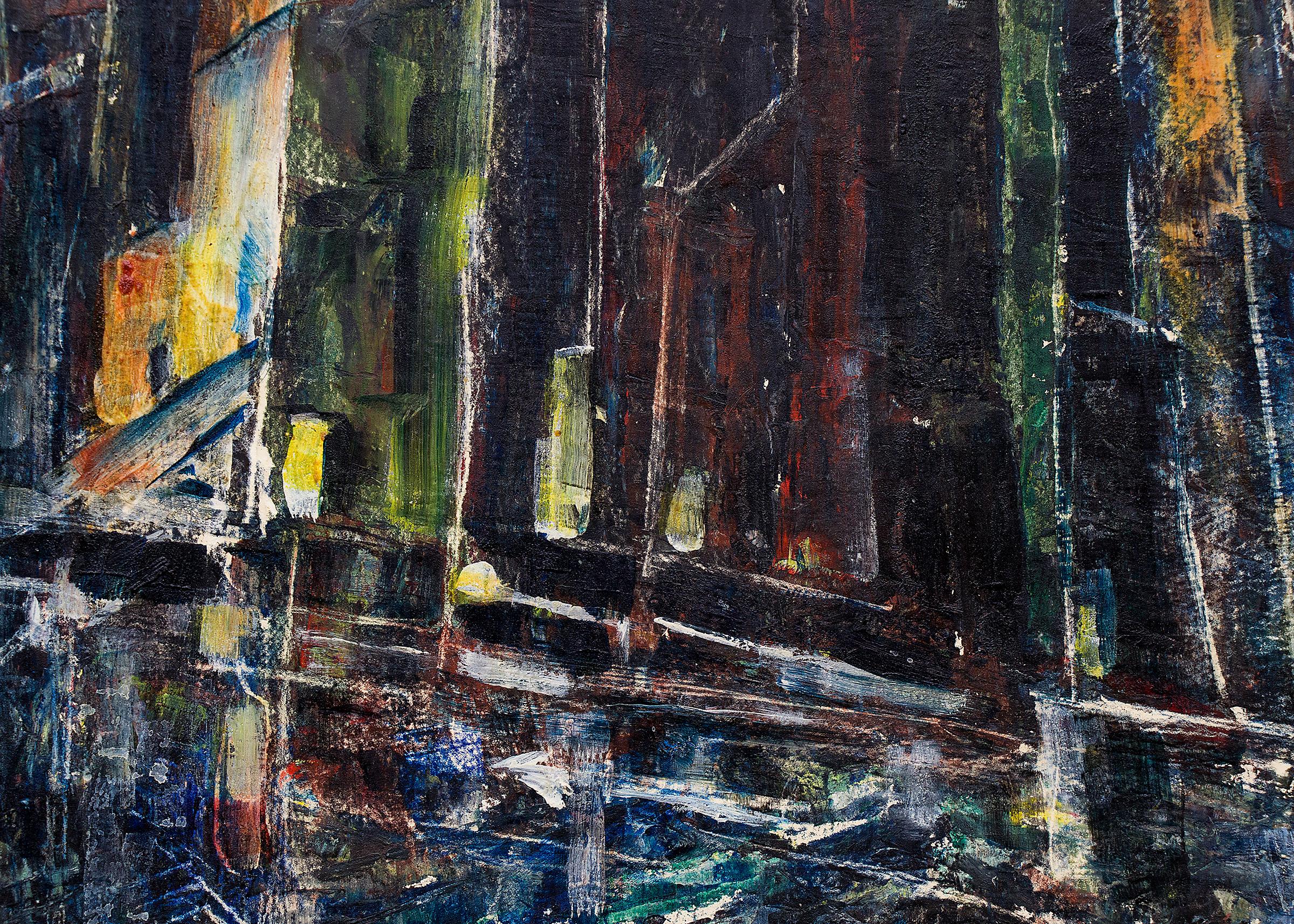 Oil on board painting of abstracted New York City skyline by Charles Ragland Bunnell from 1951. Nocturne cityscape painted in colors of black, shades of blue, and yellow. Presented in a custom black frame, outer dimensions measure 30 ¼ x 12 ¼ x ¾