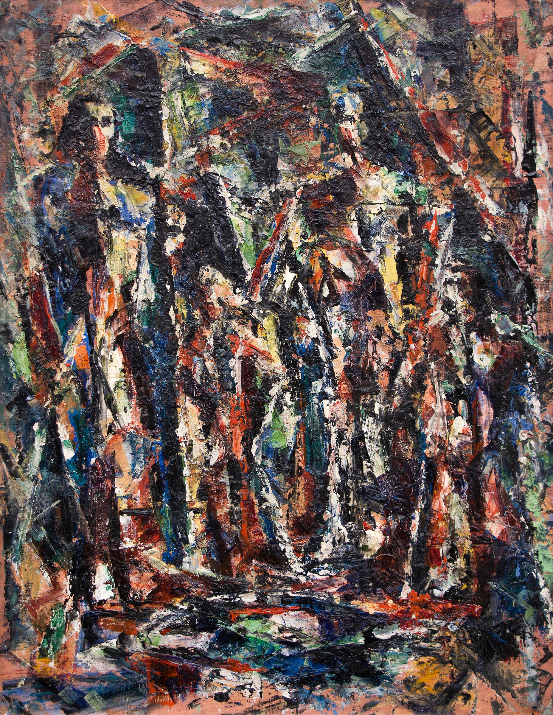 Abstraktes figuratives Ölgemälde „Sacred Family“, 1950er Jahre, Rot, Blau, Weiß, Grün – Painting von Charles Ragland Bunnell