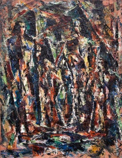 "Sacra famiglia", pittura ad olio figurativa astratta del 1950, rosso, blu, bianco