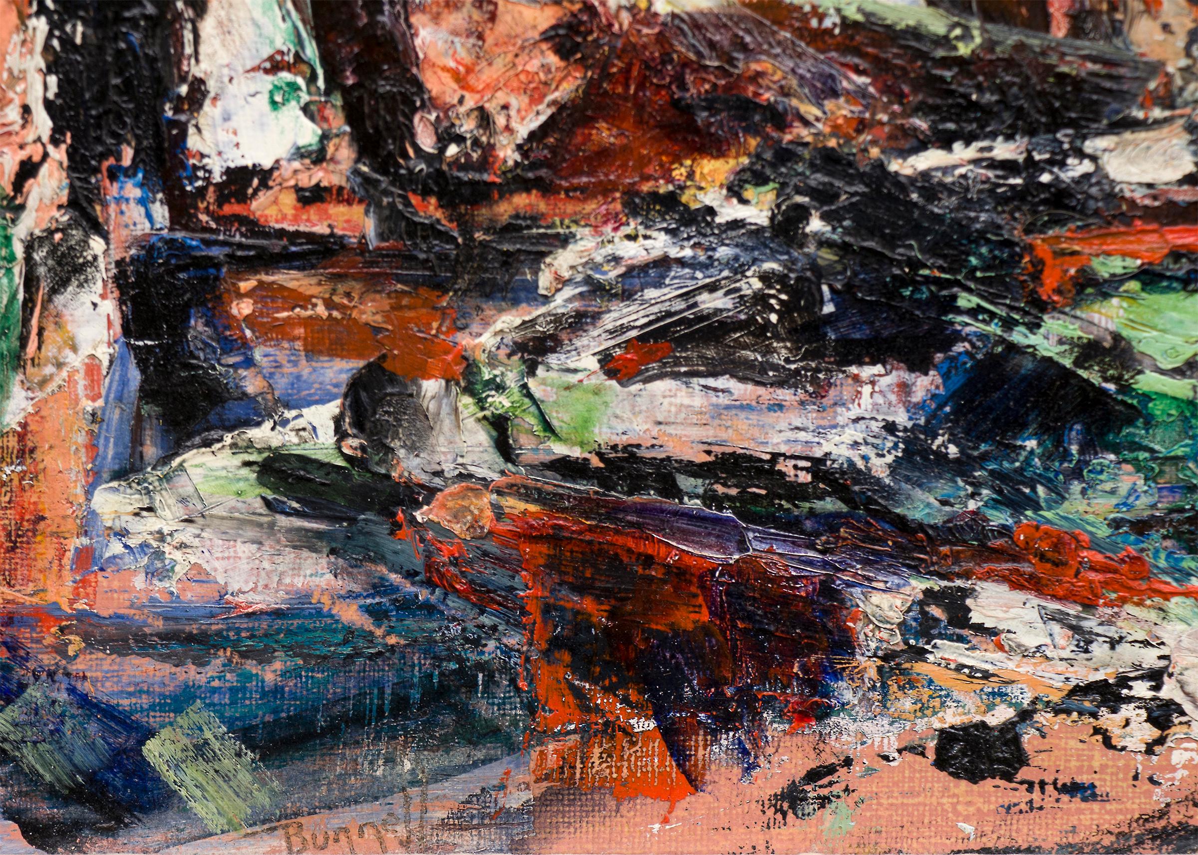 Abstraktes figuratives Ölgemälde „Sacred Family“, 1950er Jahre, Rot, Blau, Weiß, Grün (Beige), Abstract Painting, von Charles Ragland Bunnell
