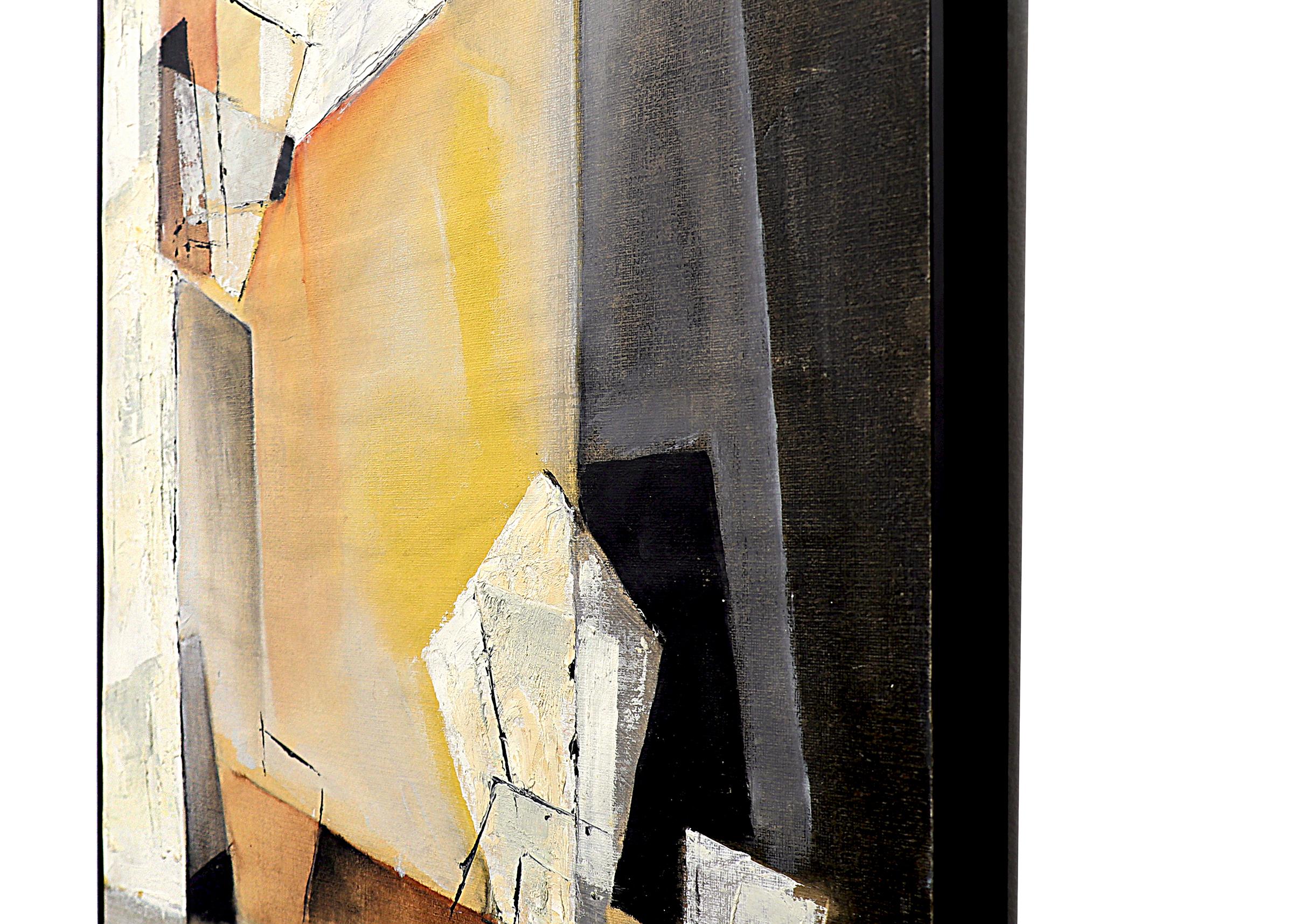 1950s Abstract Oil Painting, Framed Mid Century Modern Painting, Yellow Black 3