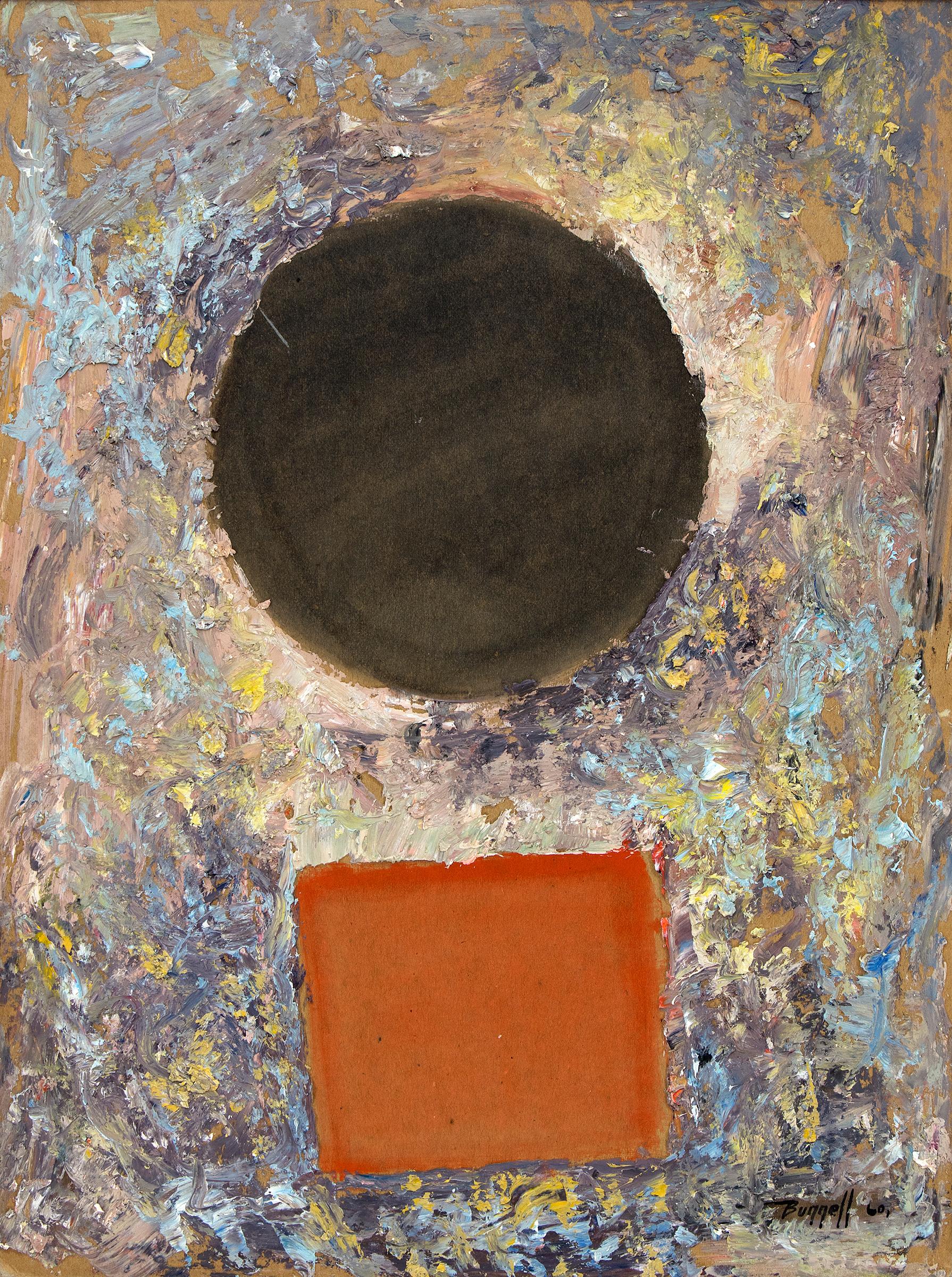 1960s Abstract Geometric Textured Oil Painting, Orange, Black, Circle & Square 2
