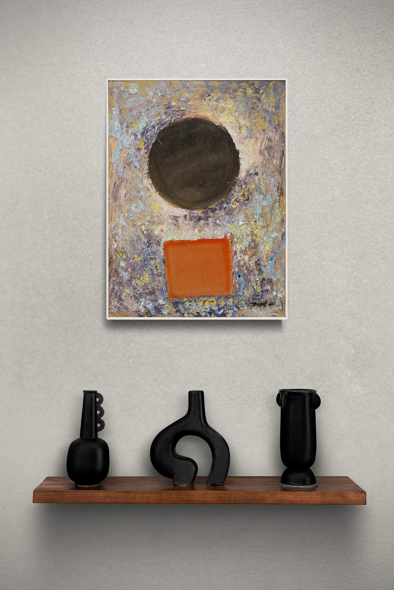 1960s Abstract Geometric Textured Oil Painting, Orange, Black, Circle & Square 5
