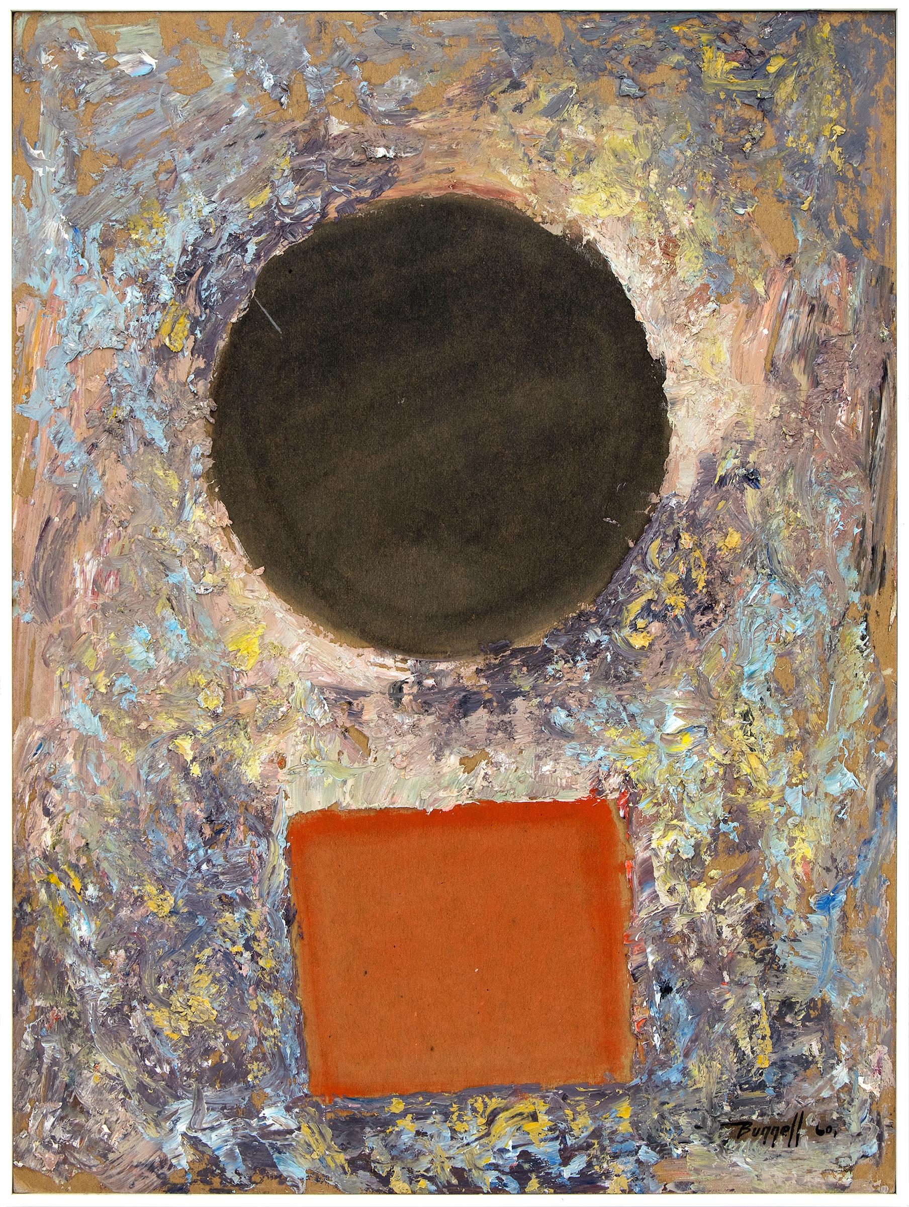 Charles Ragland Bunnell Abstract Painting - 1960s Abstract Geometric Textured Oil Painting, Orange, Black, Circle & Square