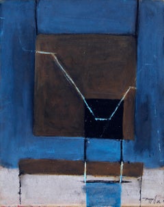 Vintage 1960s Mid-Century Modern Abstract Painting - Blue, Gray & Black Art