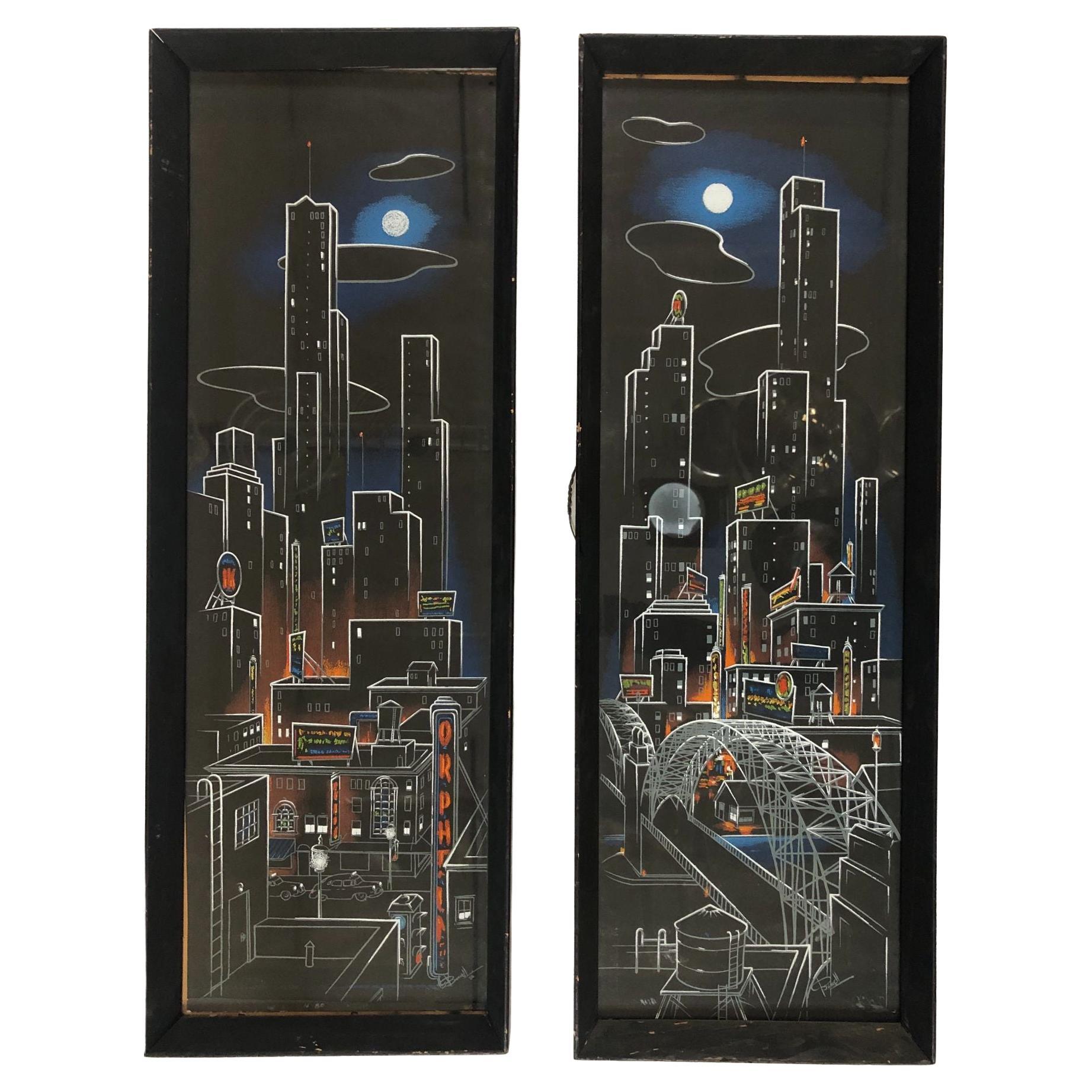 Charles Ragland Bunnell "Large Cityscape" Silkscreen Signed Bunnell Set of 2