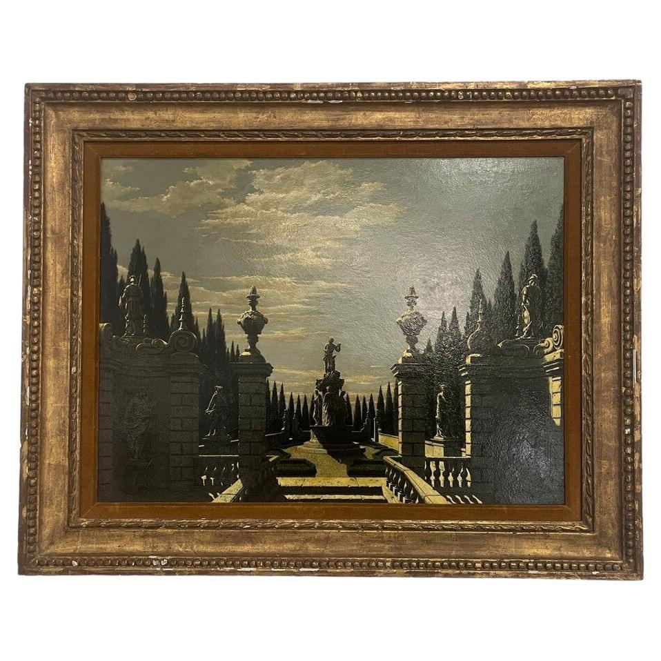 Charles Rain Olio su pannello "Giardino italiano" 1960