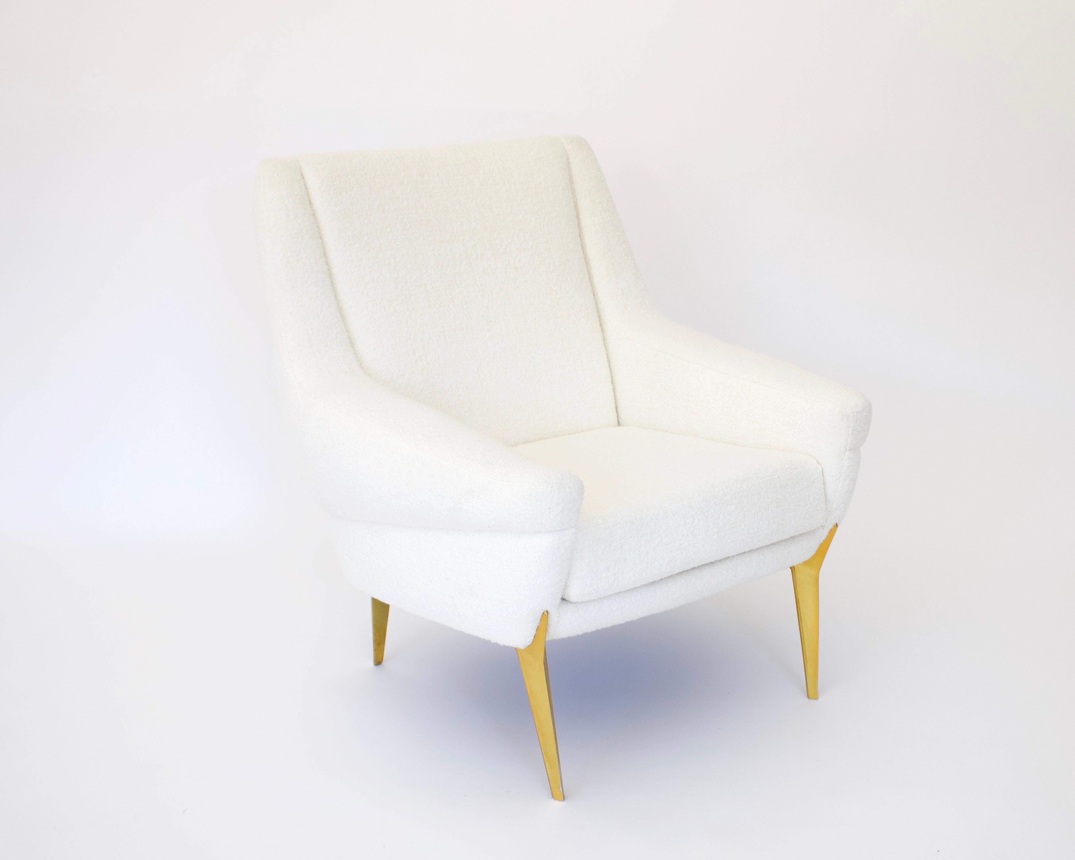 Charles Ramos, pair of lounge chairs, redone in Italian wool bouclé on gilded aluminum legs. Minimal, elegant, graceful and yet comfortable. Coming from a cabinetmaker family, Charles Ramos was a self taught designer and interior architect,