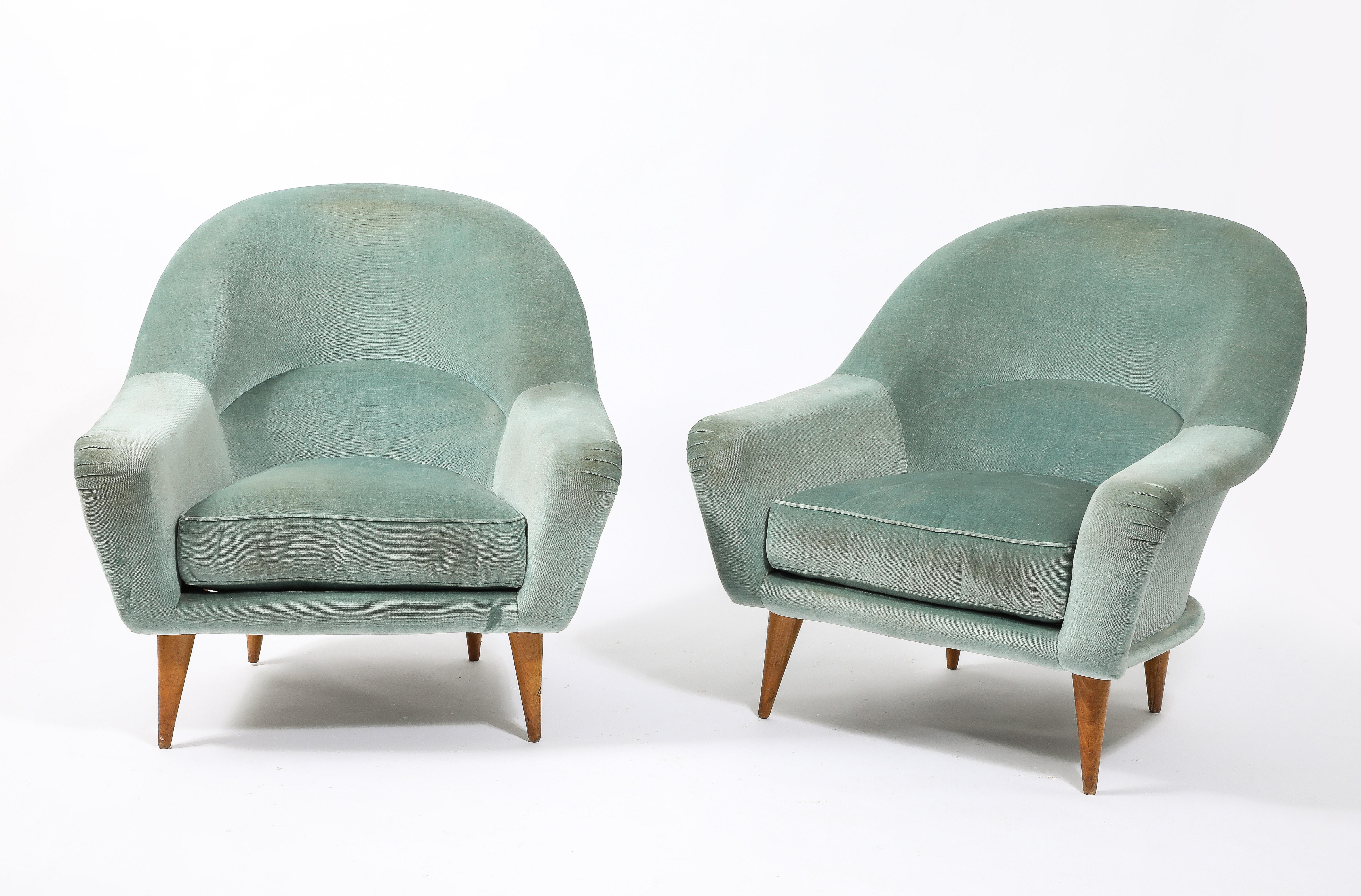 Mid-Century Modern Charles Ramos Pair of Blue “Bergeres” Armchairs, France 1950's For Sale