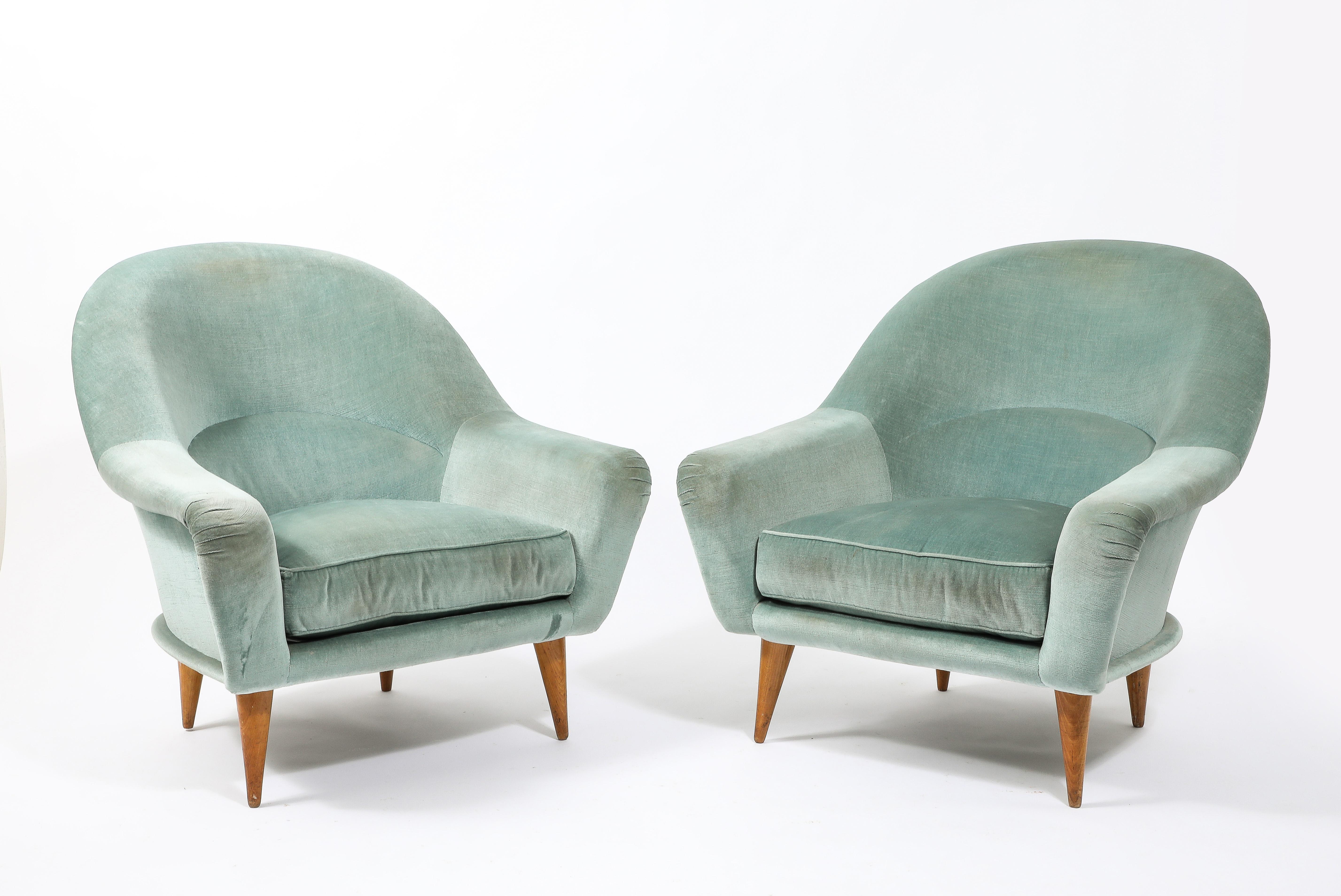 French Charles Ramos Pair of Blue “Bergeres” Armchairs, France 1950's For Sale