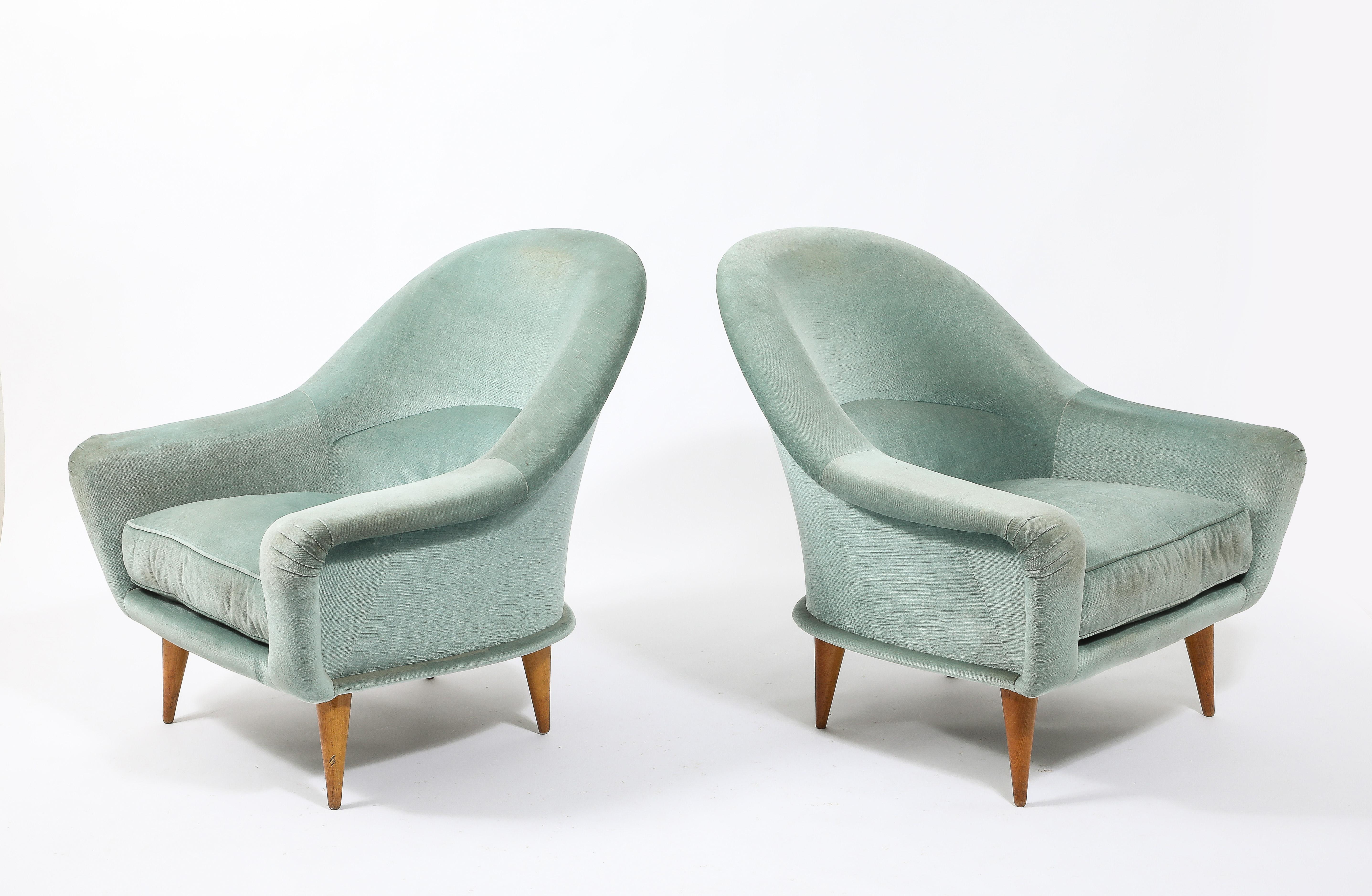 Charles Ramos Pair of Blue “Bergeres” Armchairs, France 1950's In Good Condition For Sale In New York, NY