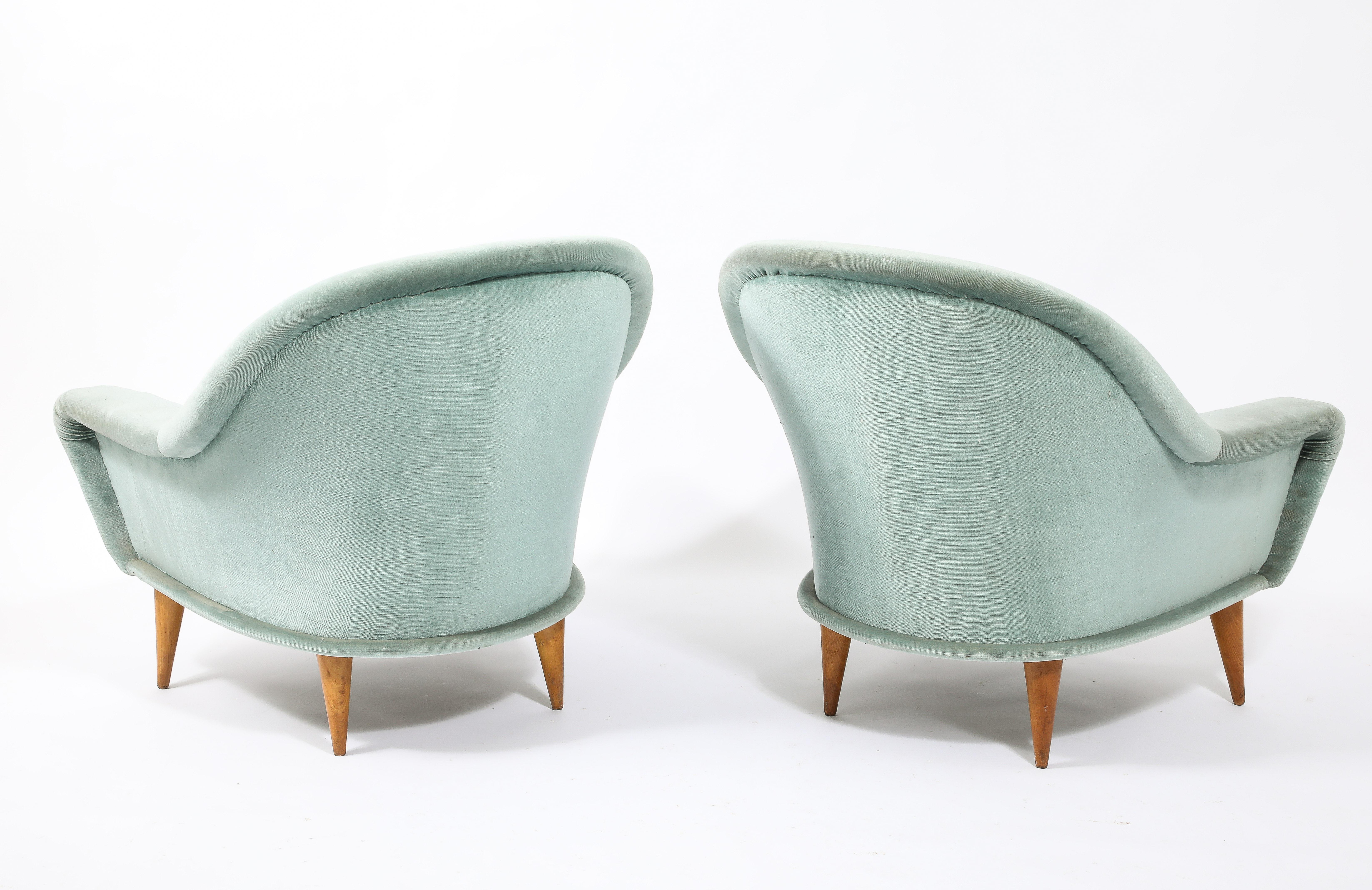 Fabric Charles Ramos Pair of Blue “Bergeres” Armchairs, France 1950's For Sale