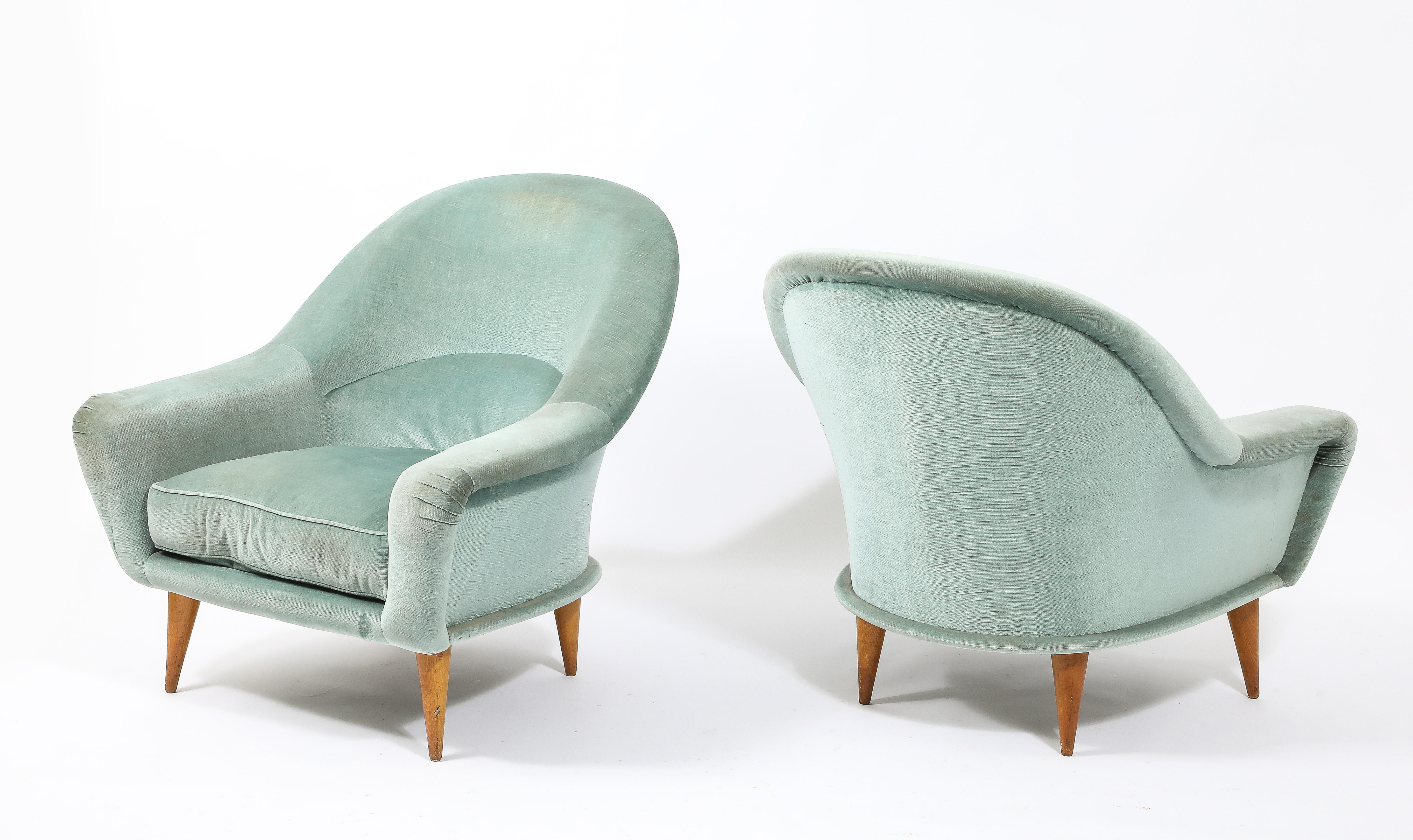 Charles Ramos Pair of Blue “Bergeres” Armchairs, France 1950's For Sale 1