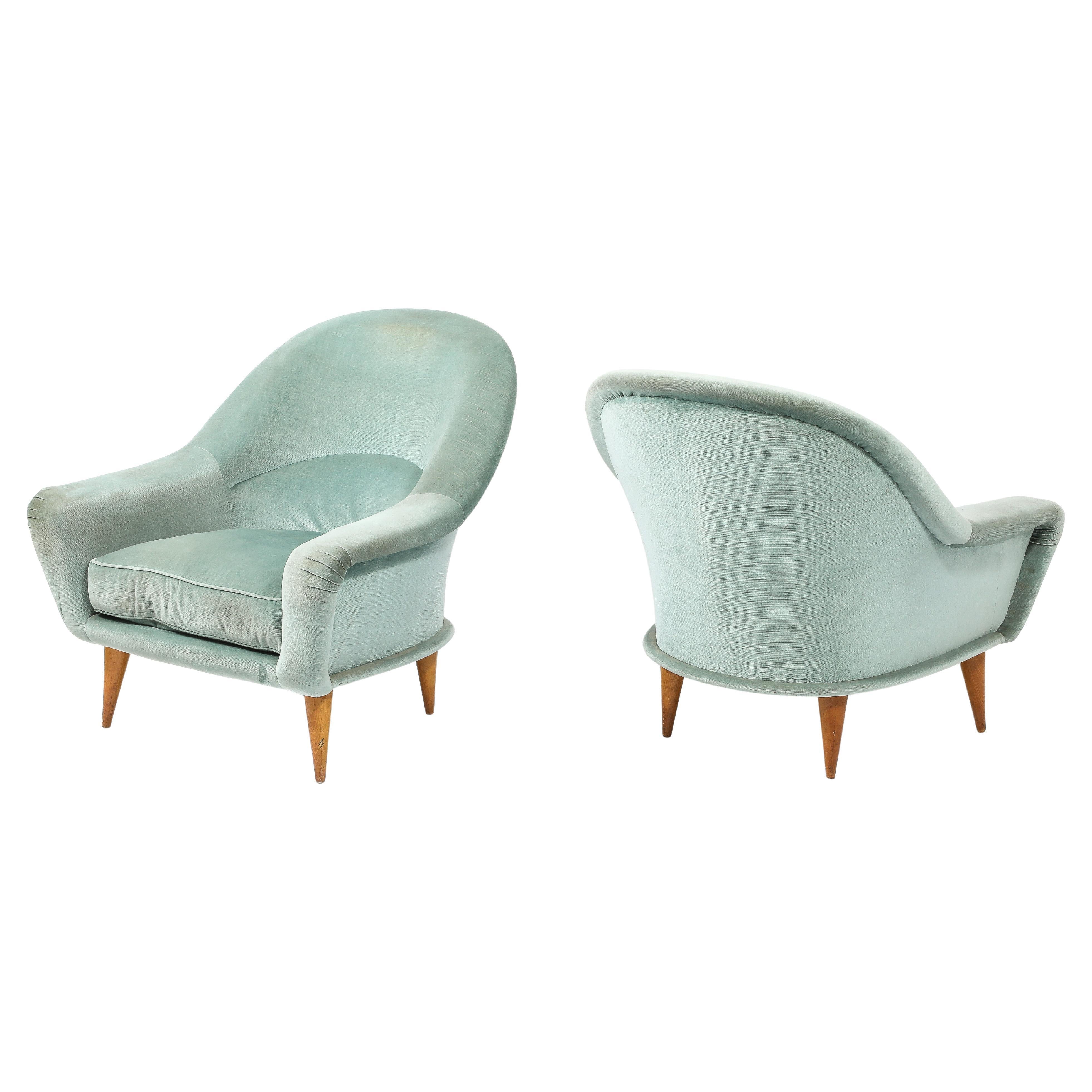 Charles Ramos Pair of Blue “Bergeres” Armchairs, France 1950's For Sale