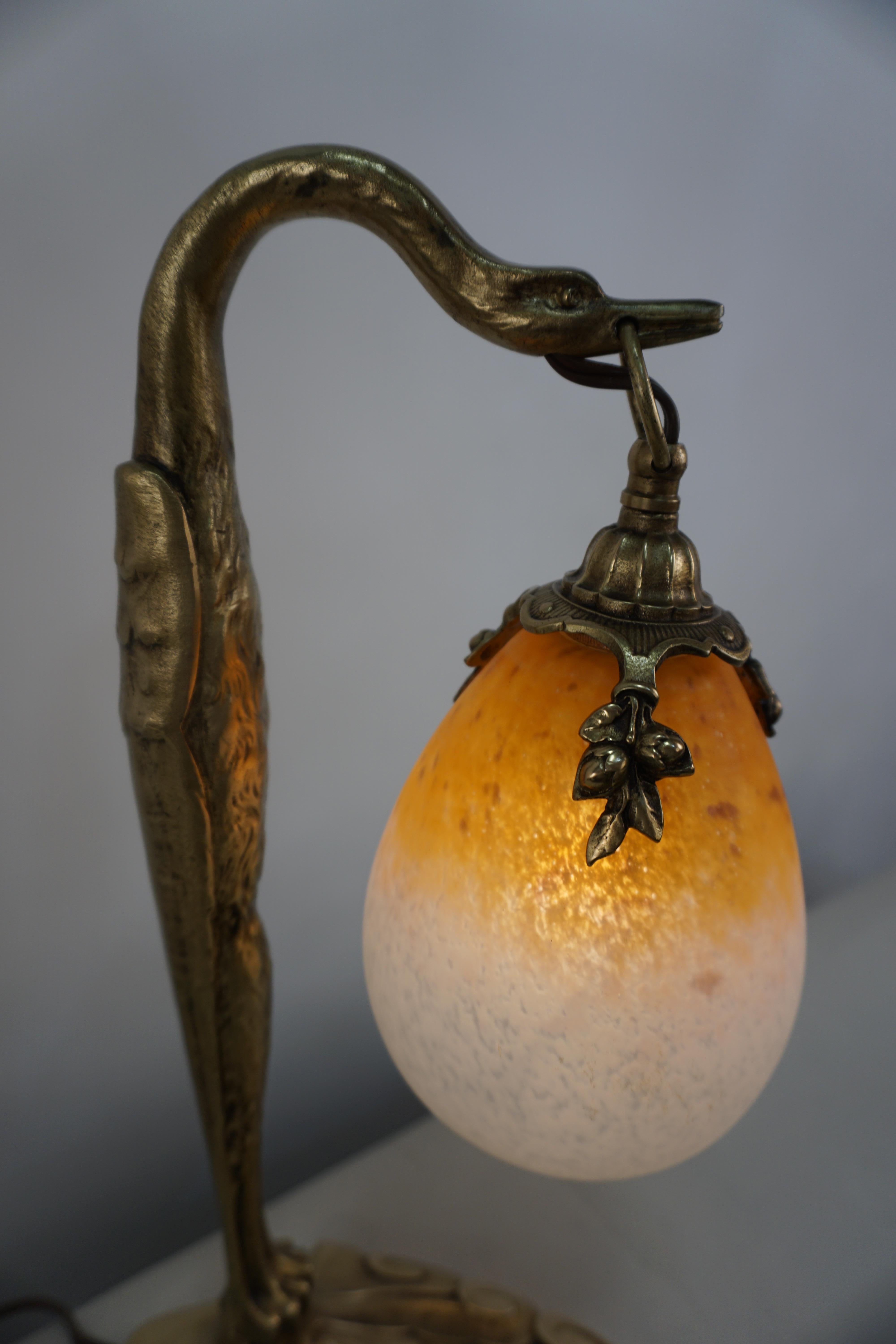 French Charles Ranc Bronze and Art Glass Table Lamp