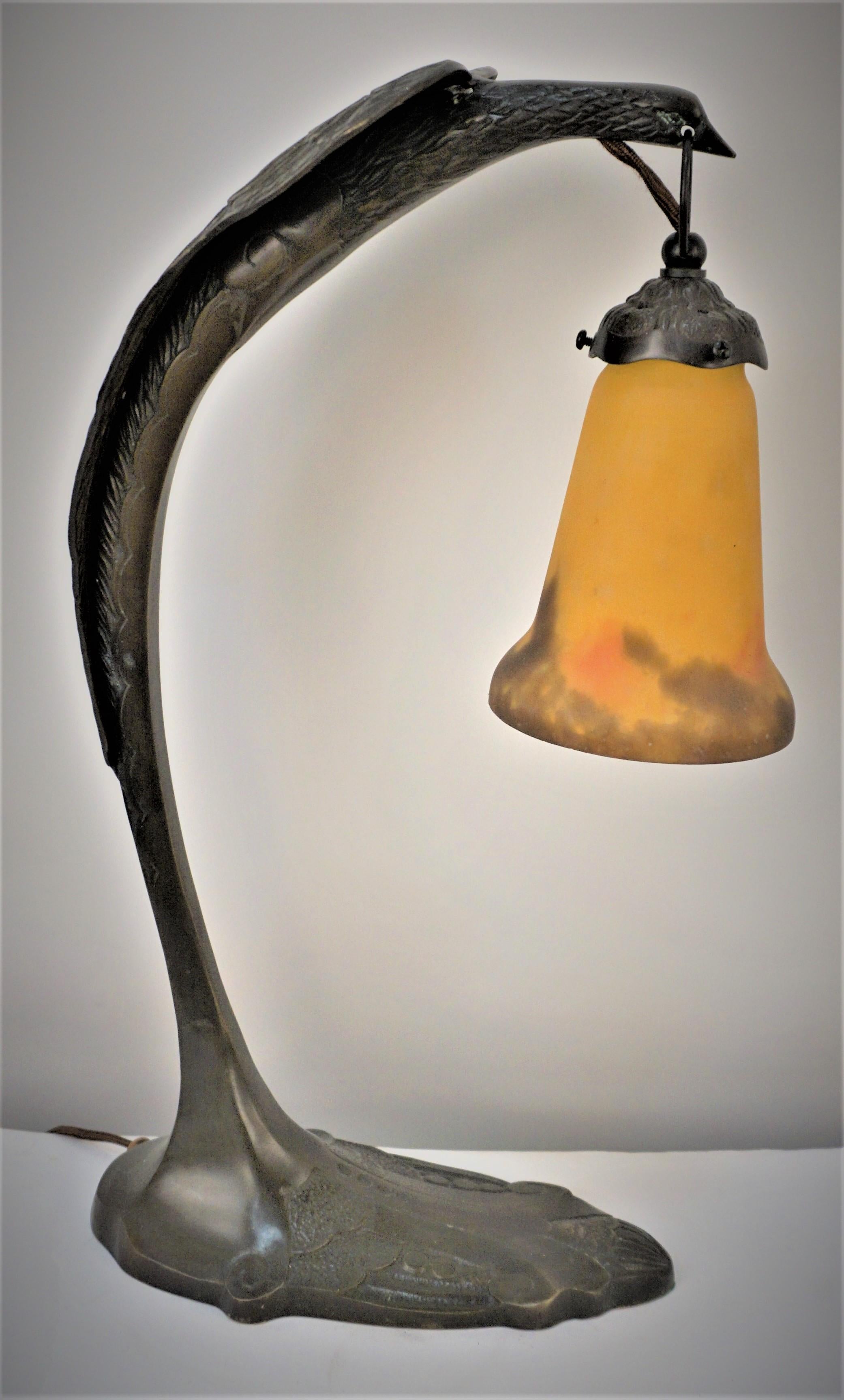 Mid-20th Century Charles Ranc Style Bronze and Art Glass Table Lamp For Sale