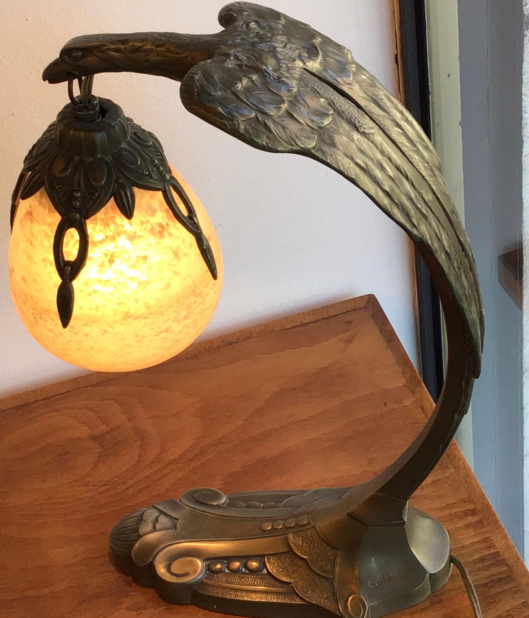 Charles Ranc Table Lamp Bronze Glass, 1930, France 8