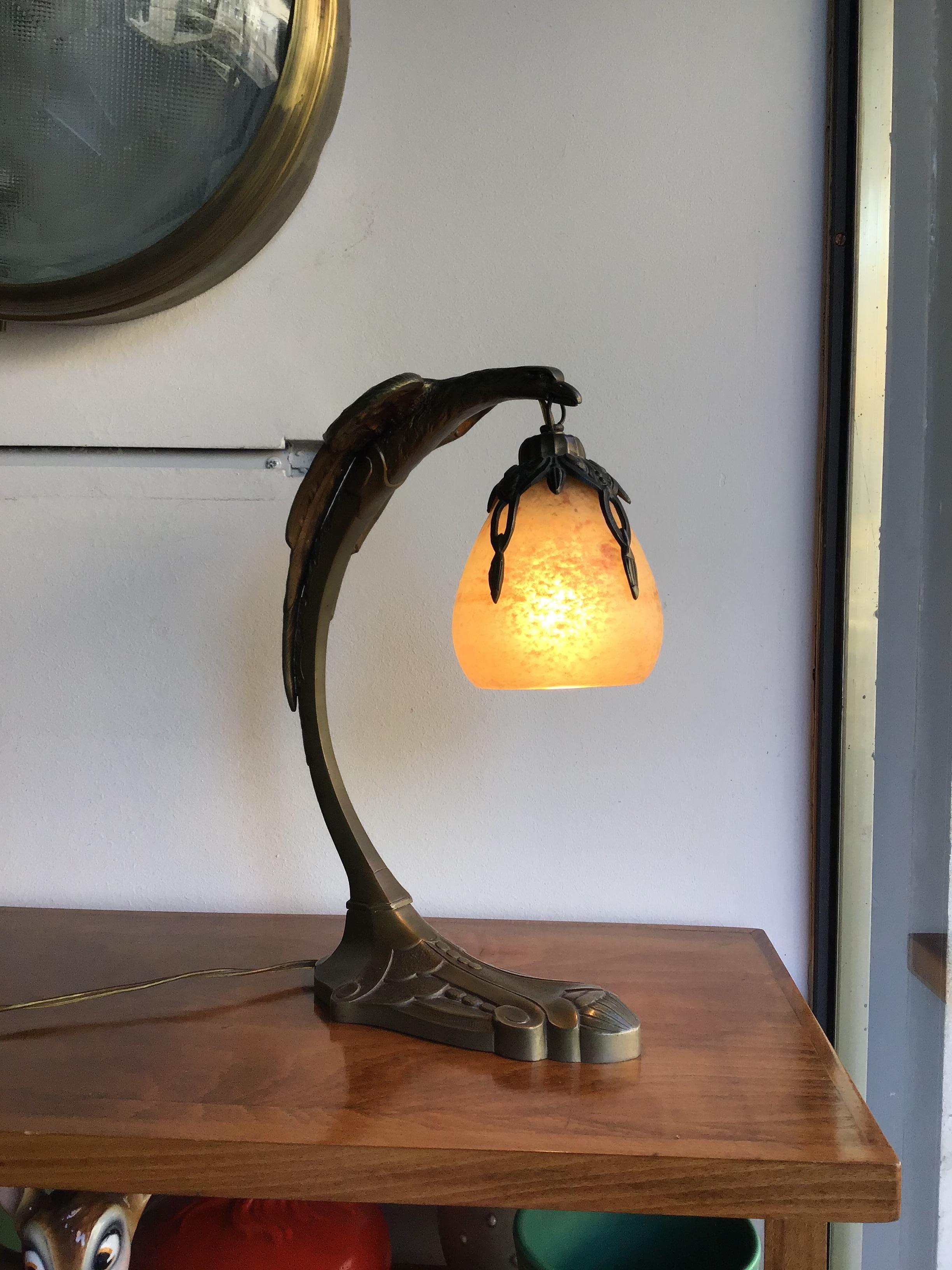 Art Deco Charles Ranc Table Lamp Bronze Glass, 1930, France