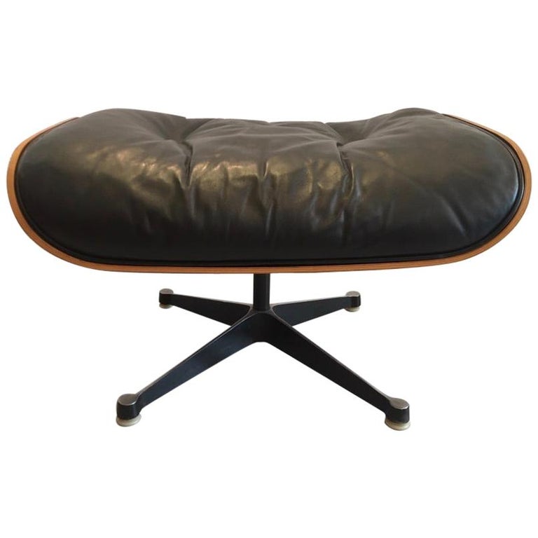 Charles & Ray Eames Black Leather and Rosewood Ottoman for Lounge Chair For Sale