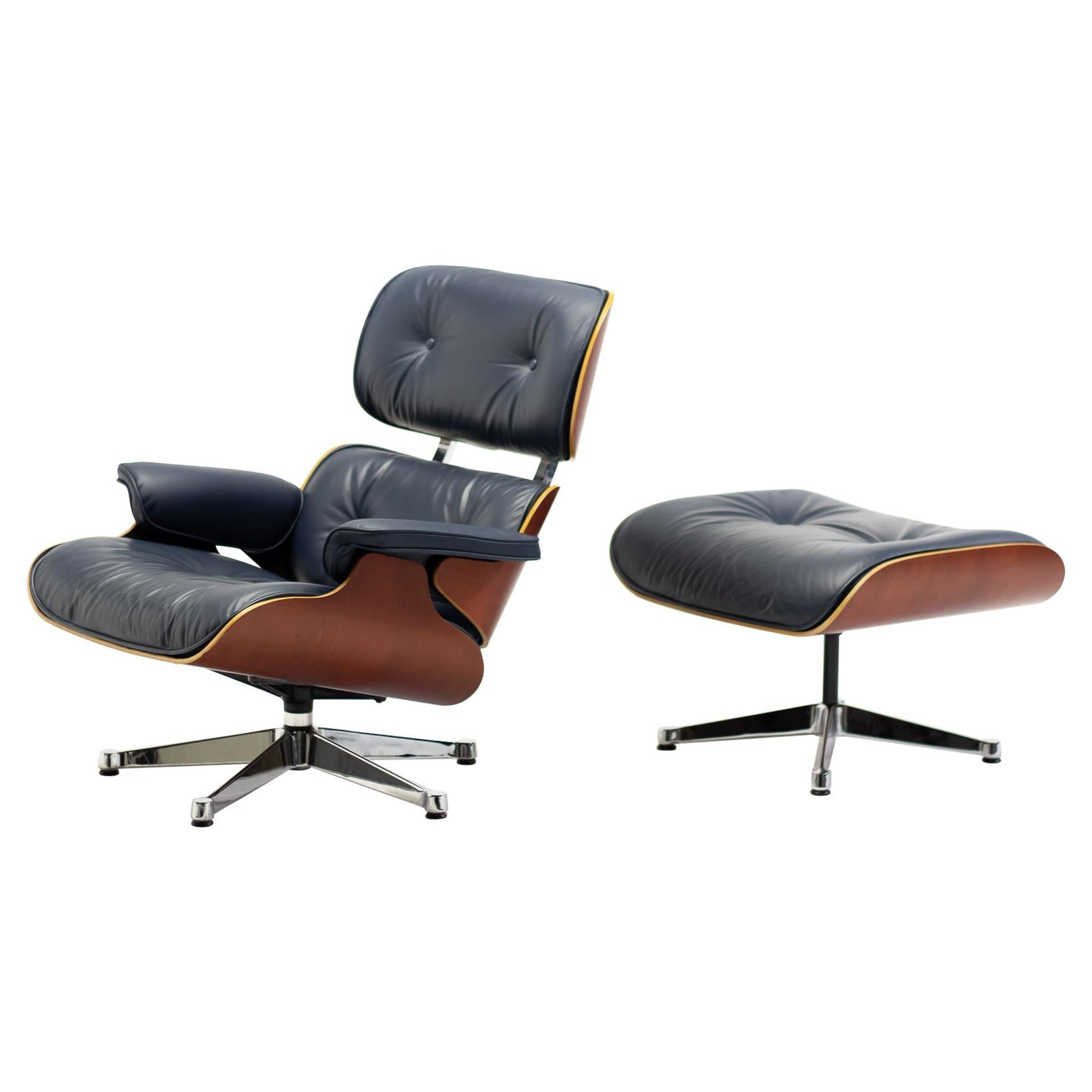 Charles & Ray Eames Blue Leather 670/671 Lounge Chair and Ottoman
