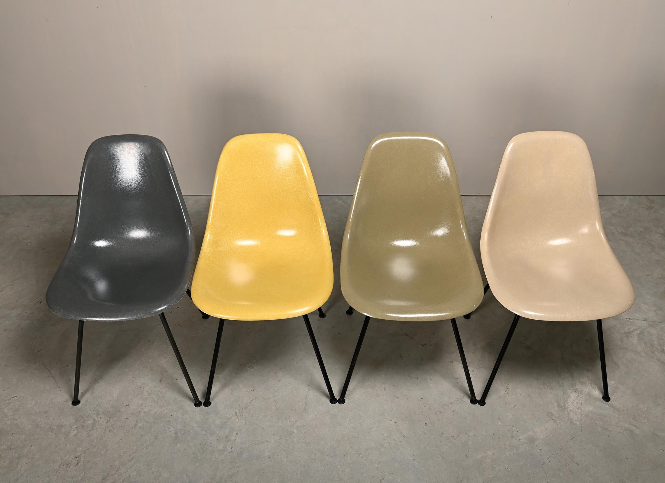 Juego multicolor de sillas auxiliares de fibra de vidrio DSX de Charles and Ray Eames para Herman Miller Metal