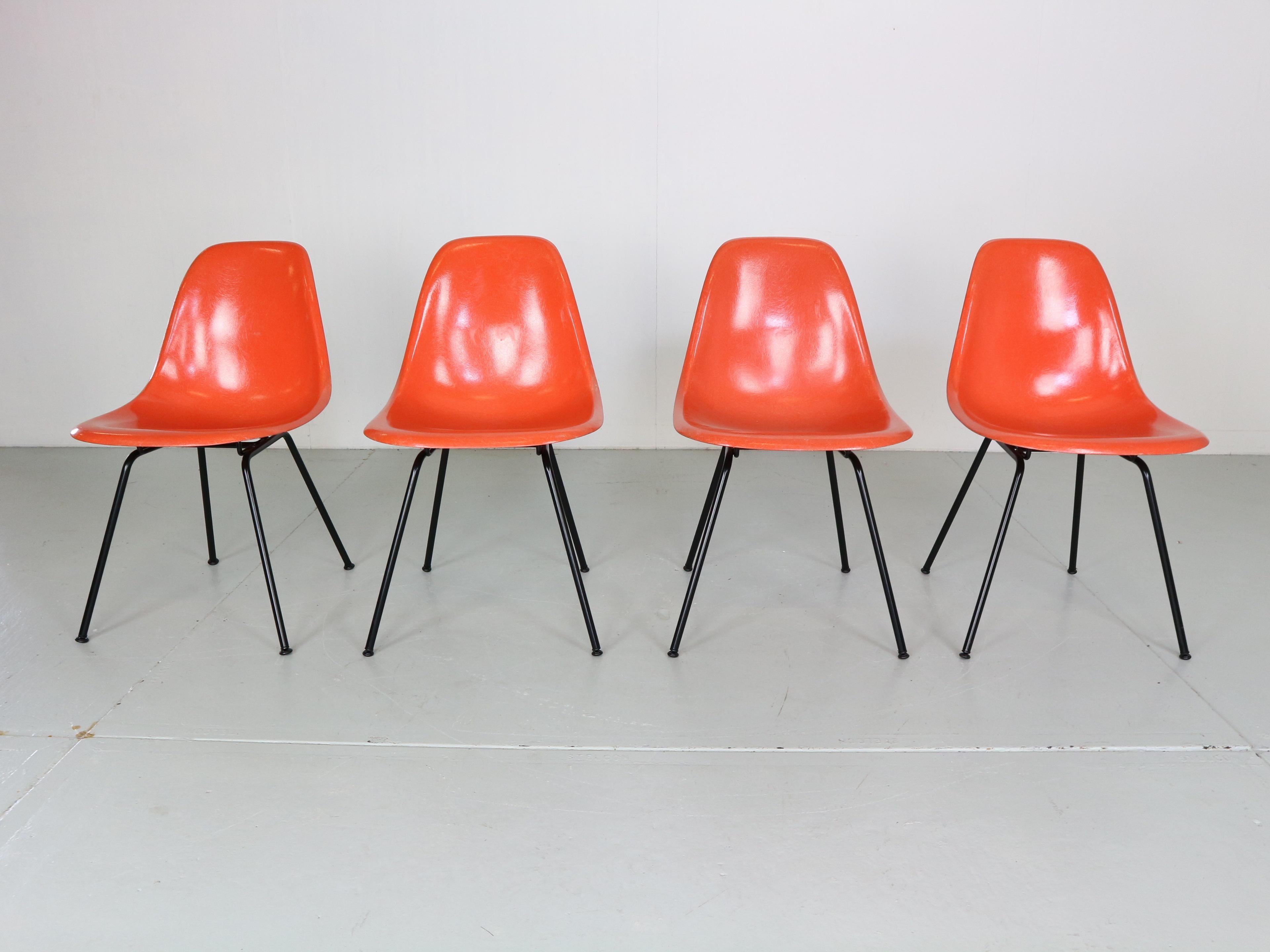 Mid-Century Modern period set of 4 side chairs designed by famous furniture designers Charles & Ray Eames and manufactured by Herman Miller, around 1960s period.

Molded fiberglass shells in orange colour. The feet has been newly repainted in