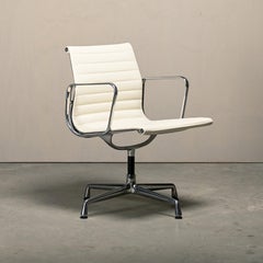 Charles & Ray Eames EA108 Dining Chair in Polished Aluminum and White leather