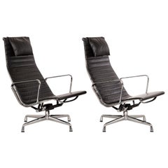 Charles & Ray Eames EA124 Aluminum Lounge Chairs in Black Leather by Vitra