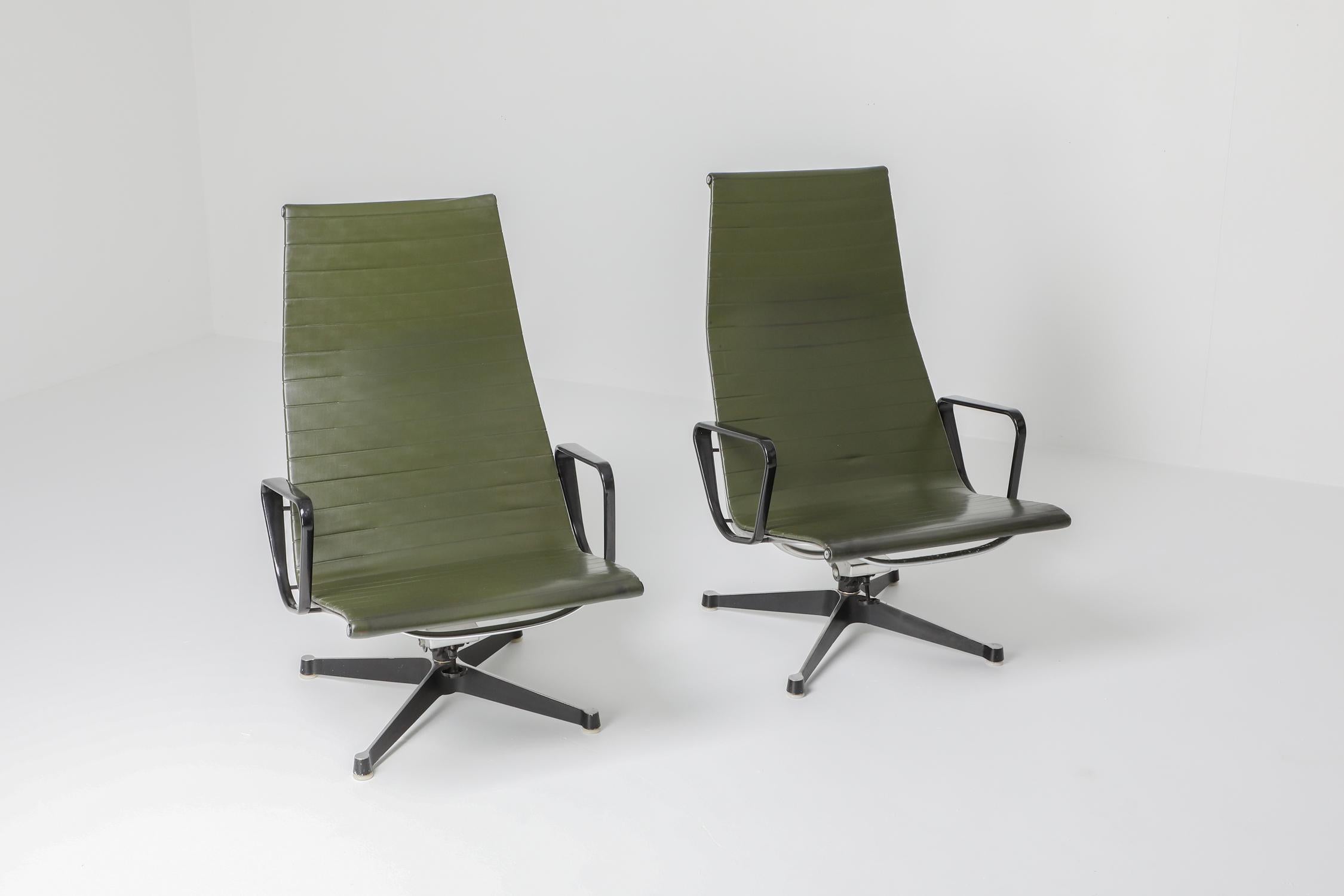 North American Charles & Ray Eames EA124 Lounge Chairs in Green Leather by Herman Miller