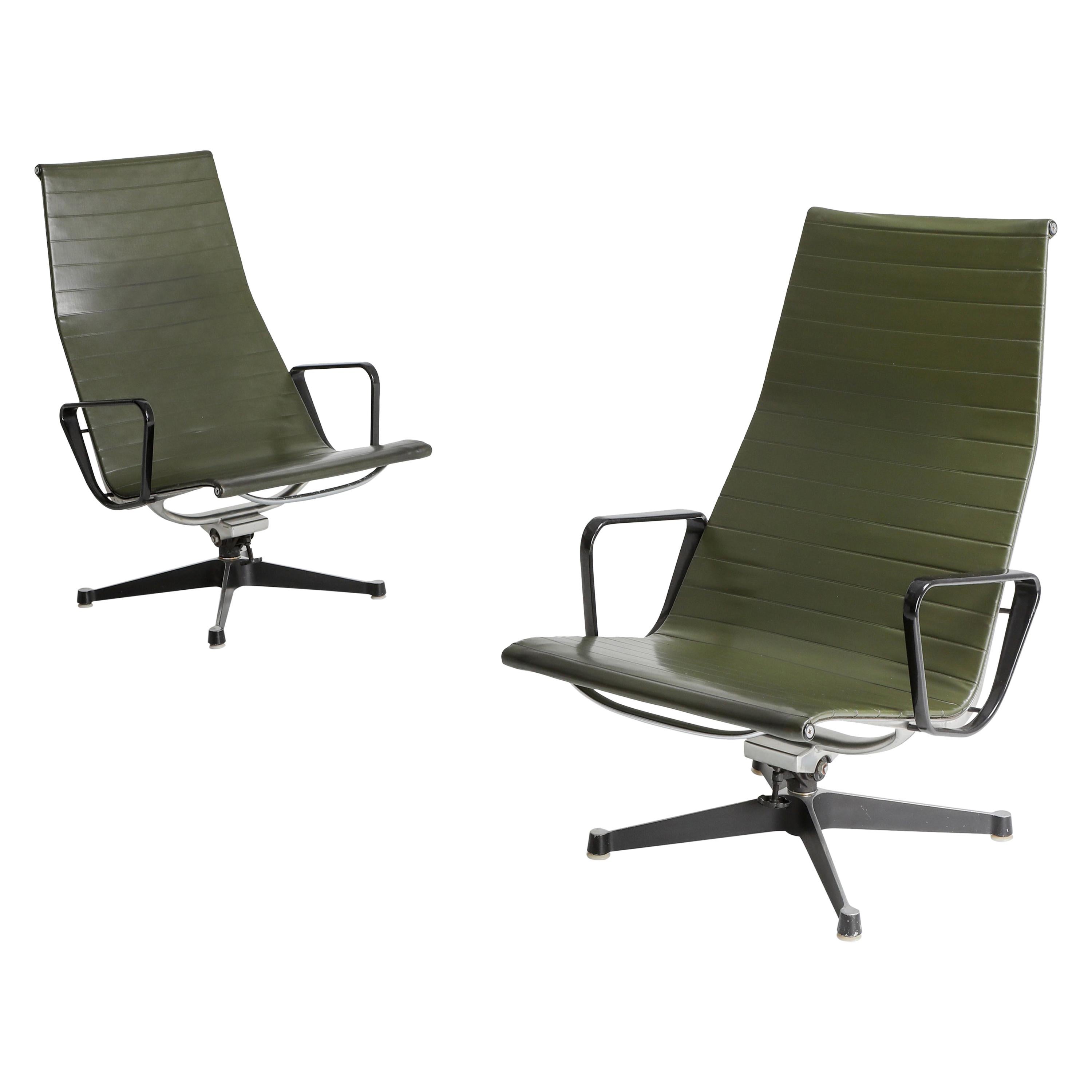 Charles & Ray Eames EA124 Lounge Chairs in Green Leather by Herman Miller