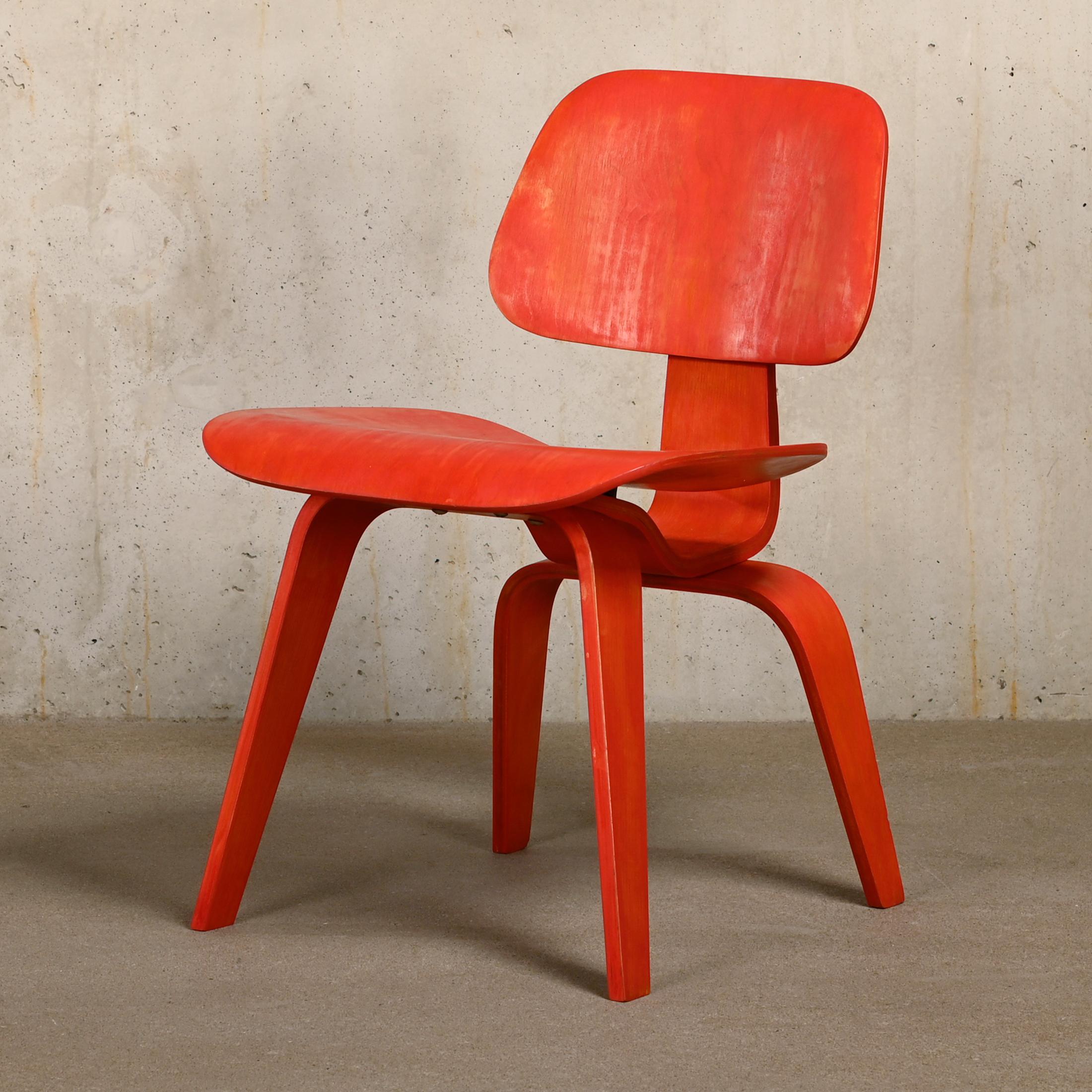 Charles & Ray Eames Early DCW Red aniline dye Ash Dining Chair for Evans Plywood 1