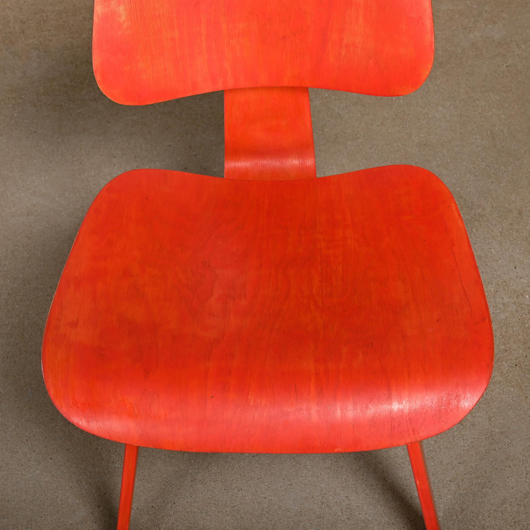 Charles & Ray Eames Early DCW Red aniline dye Ash Dining Chair for Evans Plywood 2