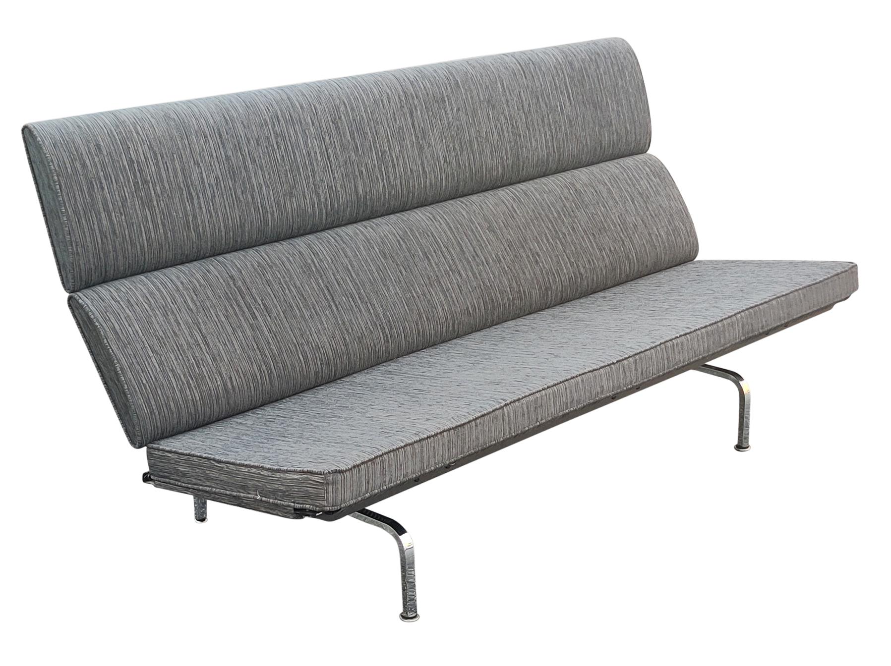 From Herham Miller website: Why “compact” for a sofa that’s six feet wide and seats three? The clean profile of the Eames sofa compact is perfectly scaled for spaces too small for a traditional sofa—in executive suites, lounges, and homes. But you