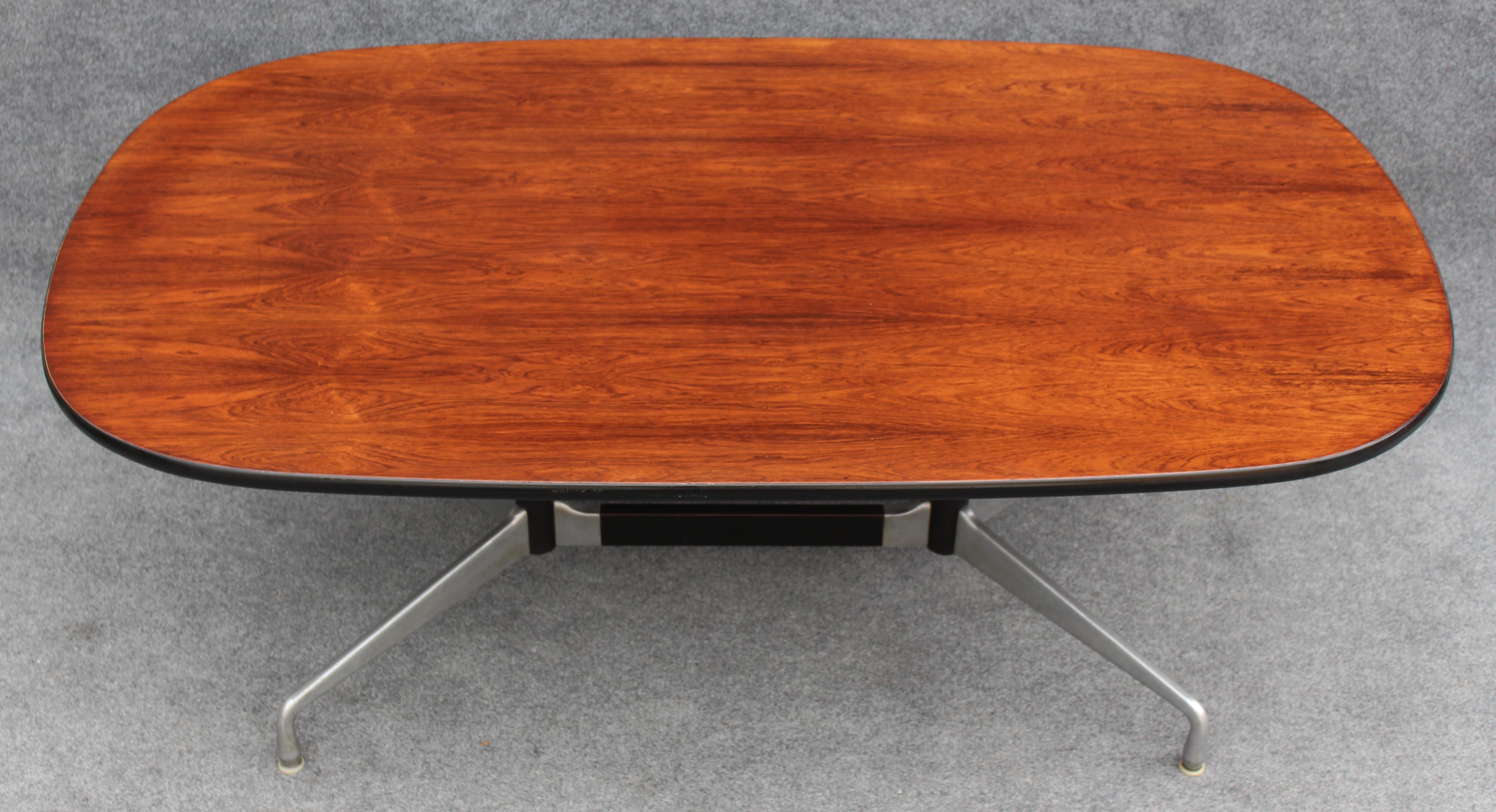 This rare table was designed by Charles and Ray Eames in the early 1960s for Herman Miller, the producer of all Eames designs at the time. It was not widely produced at the time, and very few were made. In fact, this example is likely a custom order