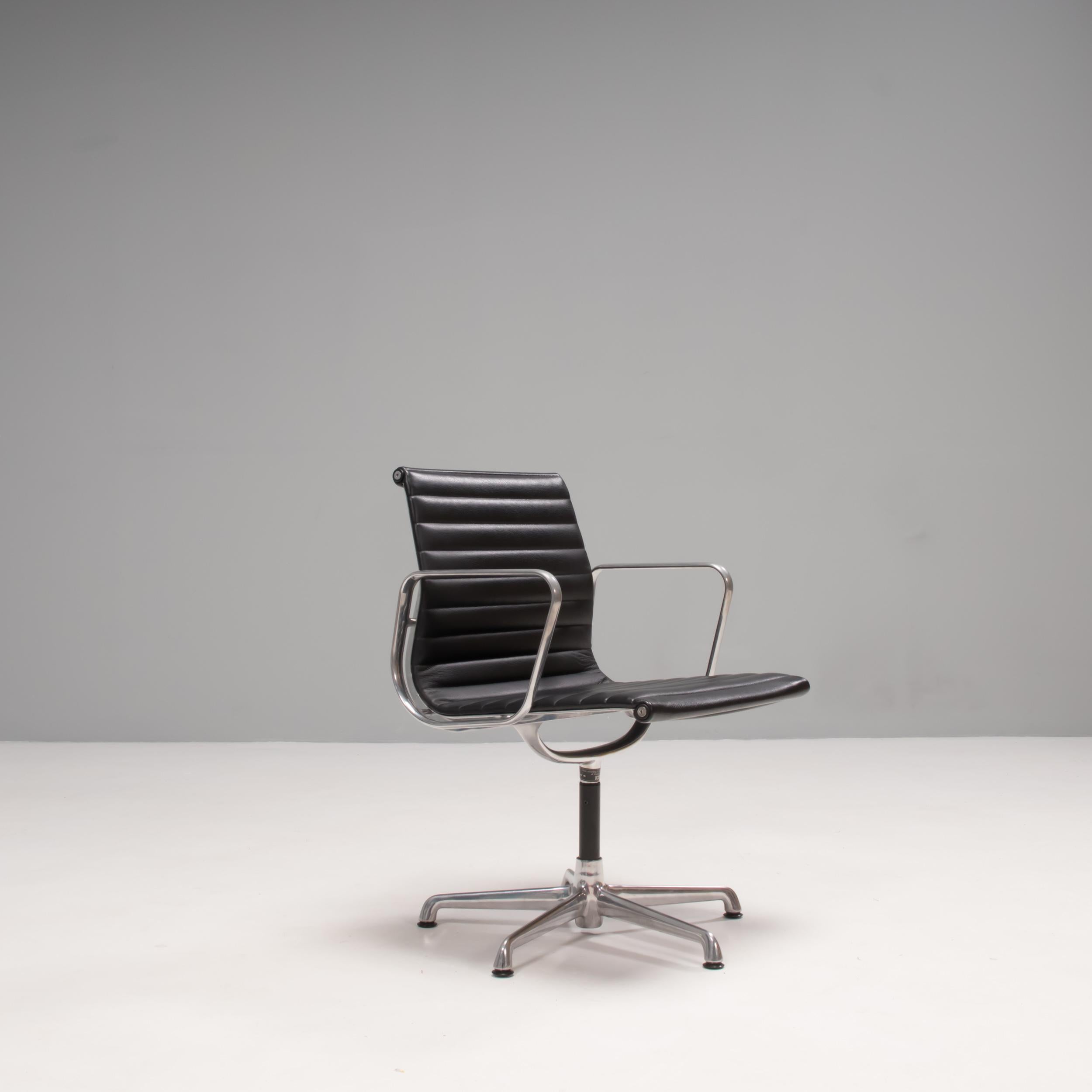 Charles & Ray Eames for ICF EA 108 Black Leather & Aluminium Chairs, Set of 2 In Good Condition In London, GB