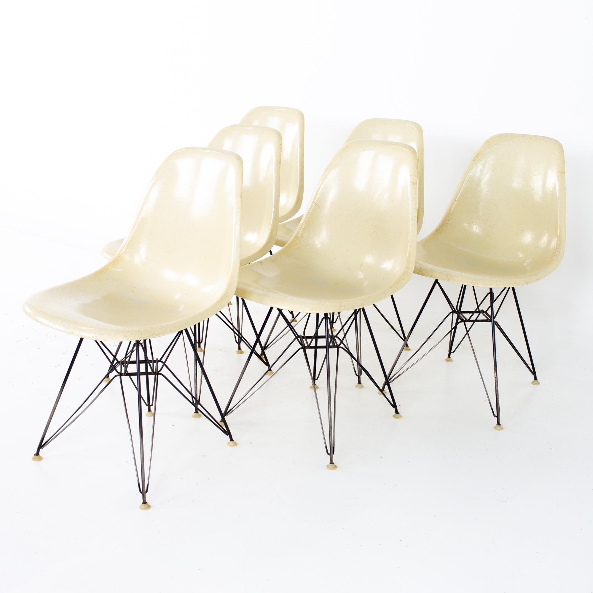 Early Charles and Ray Eames for Herman Miller Mid Century White Fiberglass Eiffel Base Shell Dining Chairs - Set of 6
Each chair measures: 18.5 wide x 22 deep x 31 high, with a seat height of 18.5 inches

All pieces of furniture can be had in