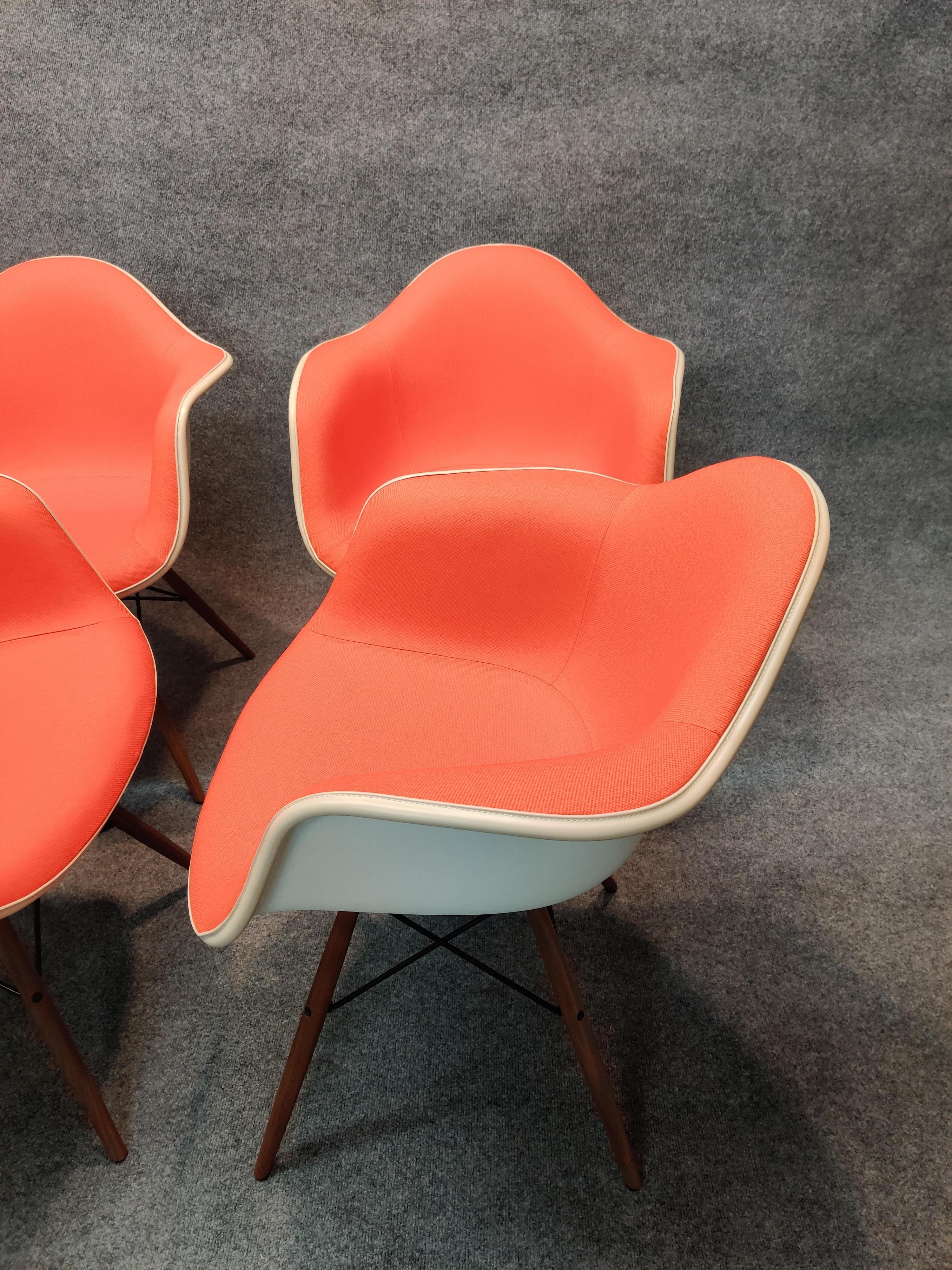 Mid-Century Modern Charles & Ray Eames, Herman Miller Set of 4 Dowel Leg DAW Armchairs Orange For Sale