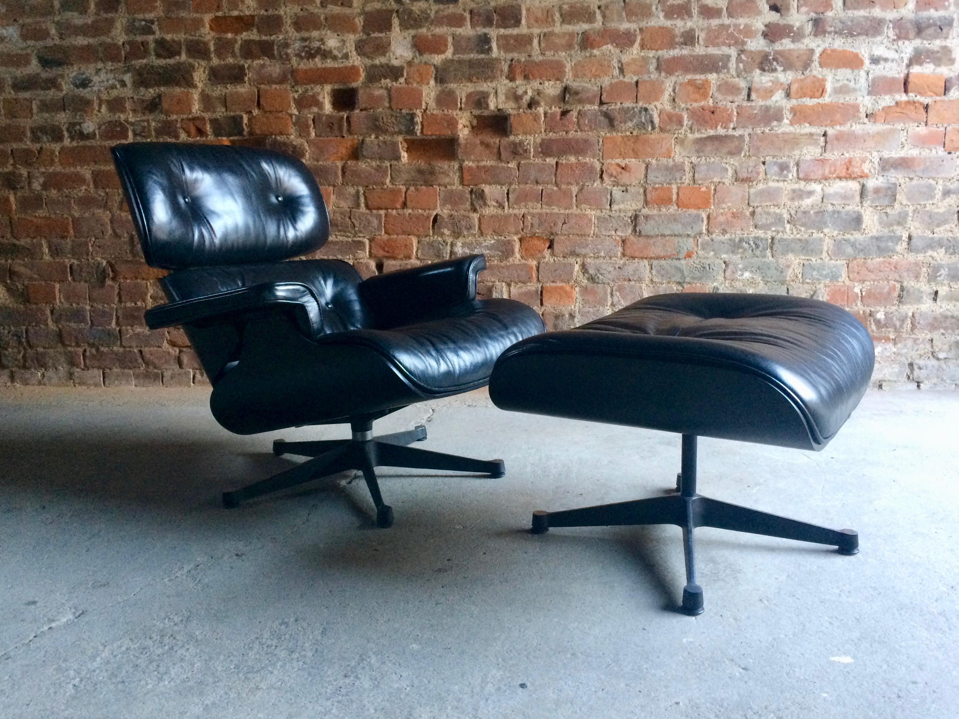 Original Charles & Ray Eames 670 lounge chair and matching 671 Ottoman in black ash with contrasting nero black leather produced by Vitra in 2008, both the chair and ottoman are offered in excellent condition and aged to perfection.

Background: