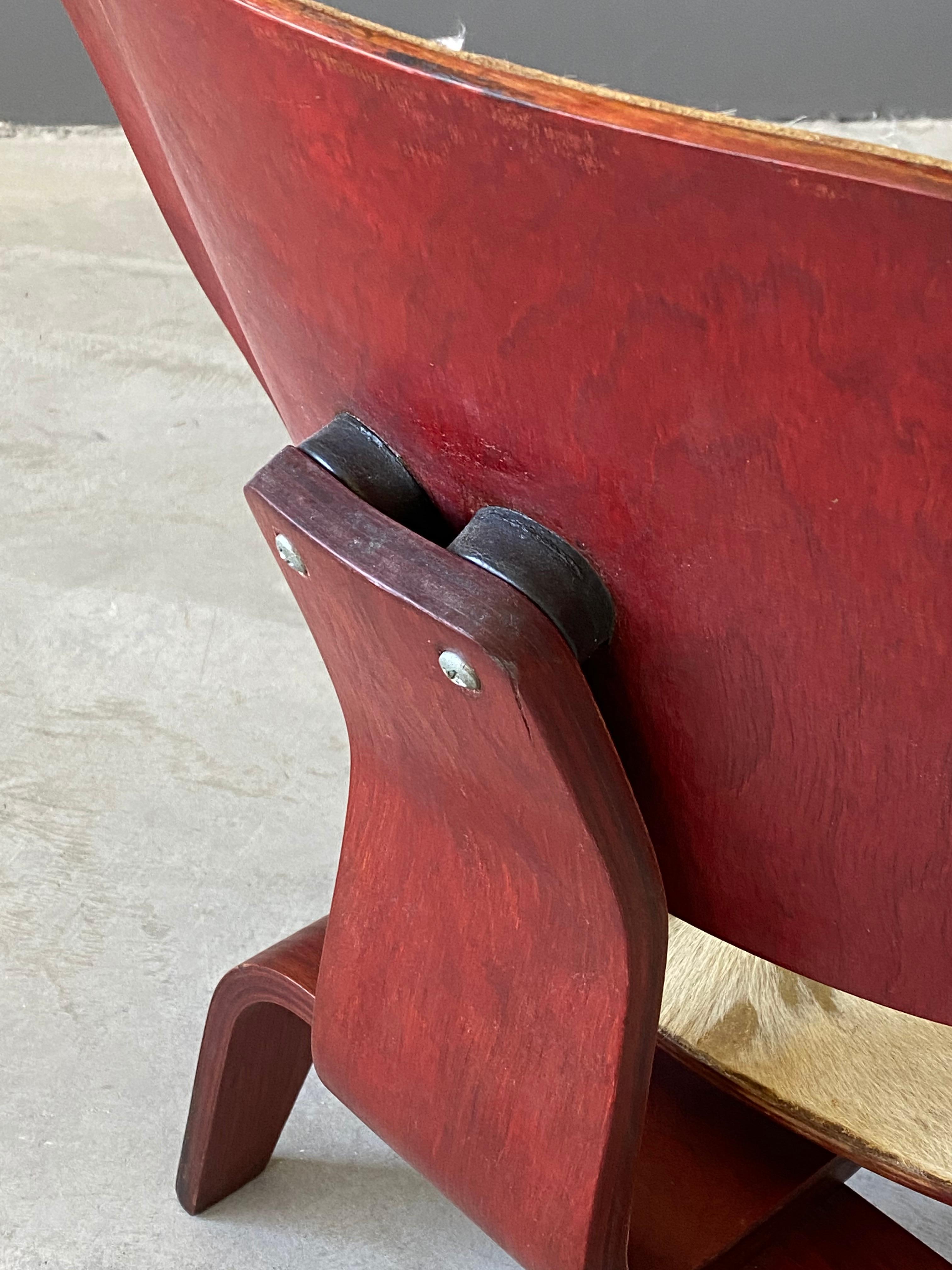 Mid-Century Modern Charles & Ray Eames, Rare & Early LCW, Aniline Red Plywood, Cowhide, USA, 1940s