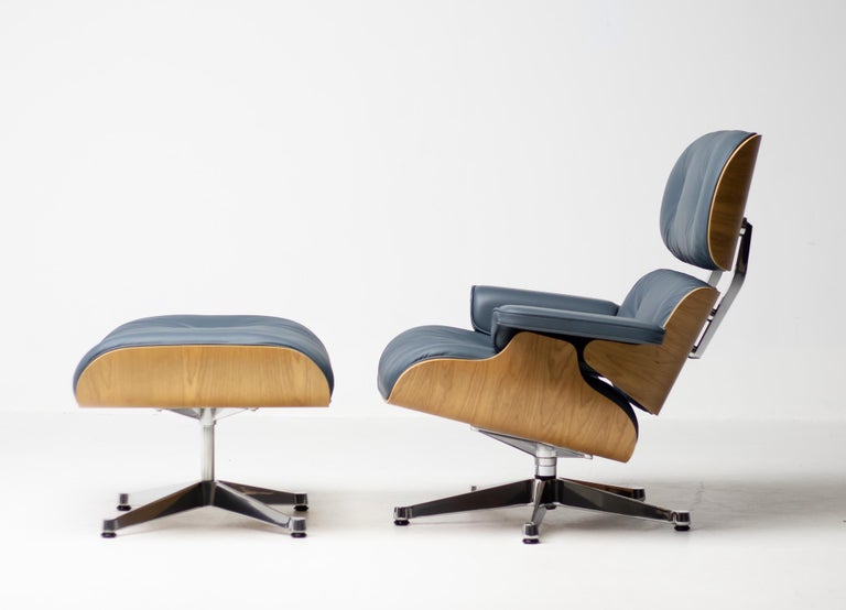 Charles & Ray Eames Smoke Blue Leather 670/671 Lounge Chair and Ottoman 3