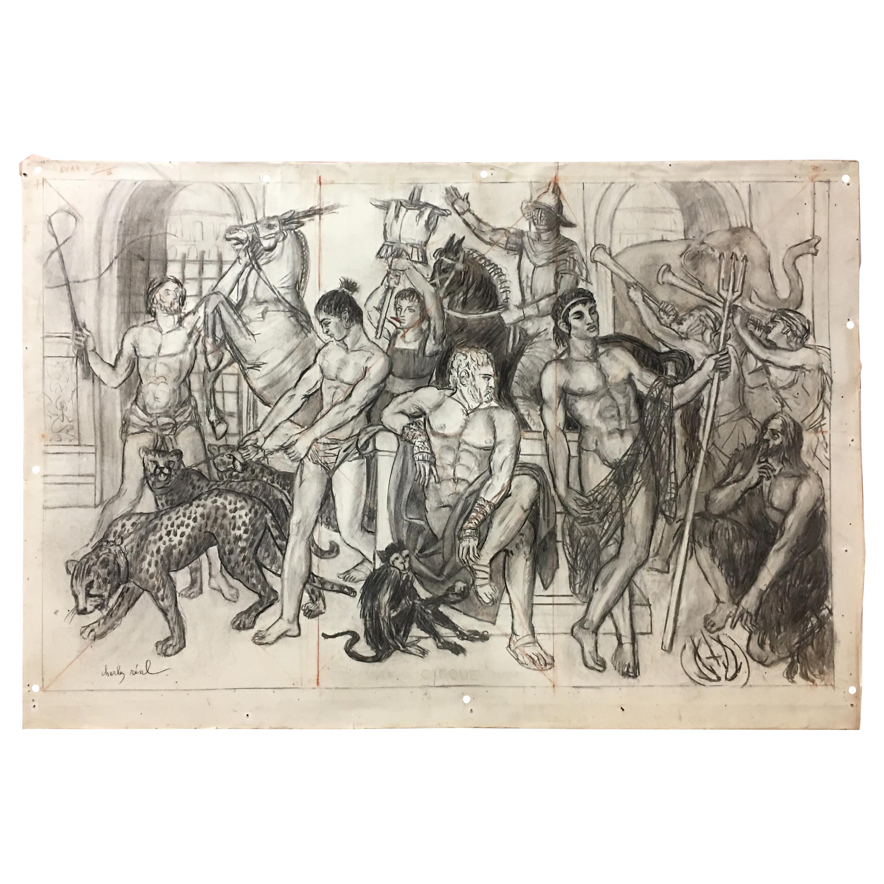 Charles Real "circus", Signed Charcoal Drawing For Sale