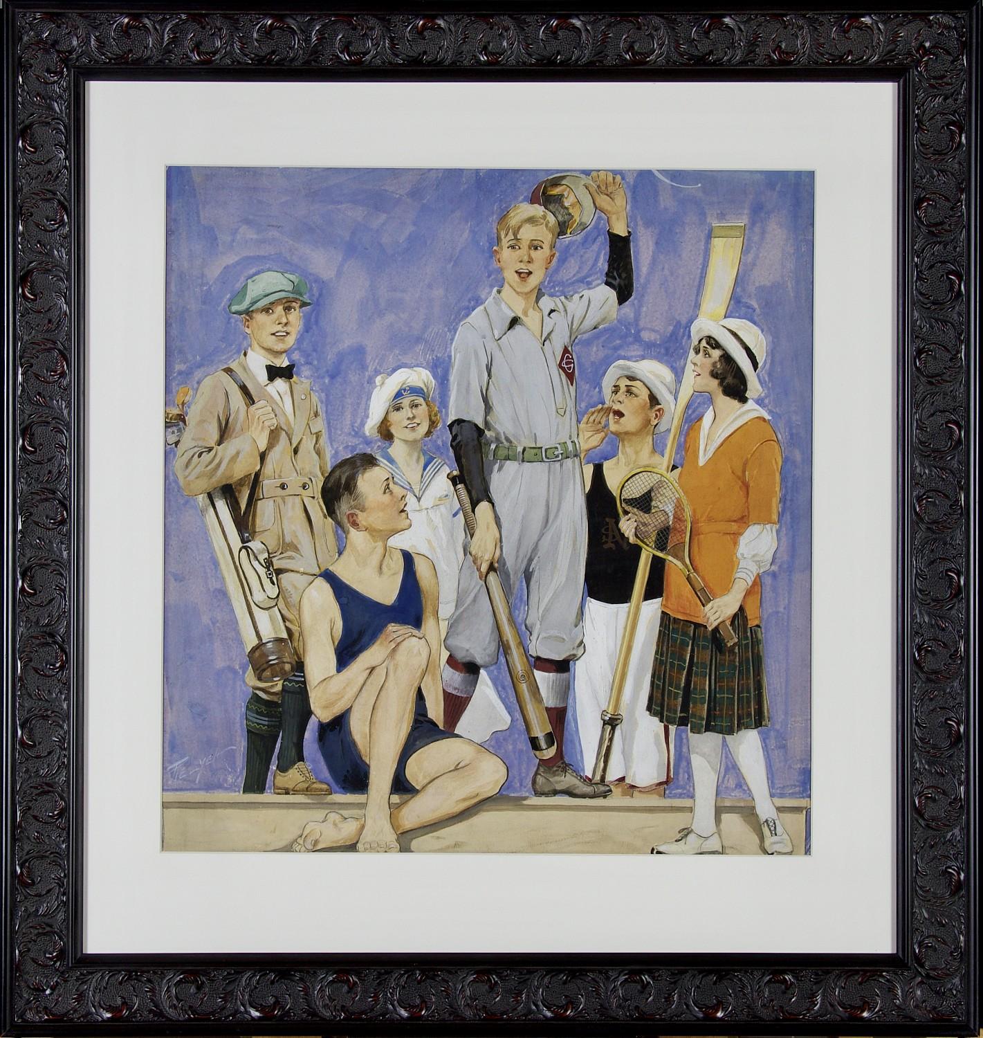 Firmado abajo a la izquierda por el artista

Portada original de la revista San Nicolás, publicada en junio de 1921.


Una imagen deportiva de verano con un jugador de béisbol, un golfista, un nadador, un tenista, etc.