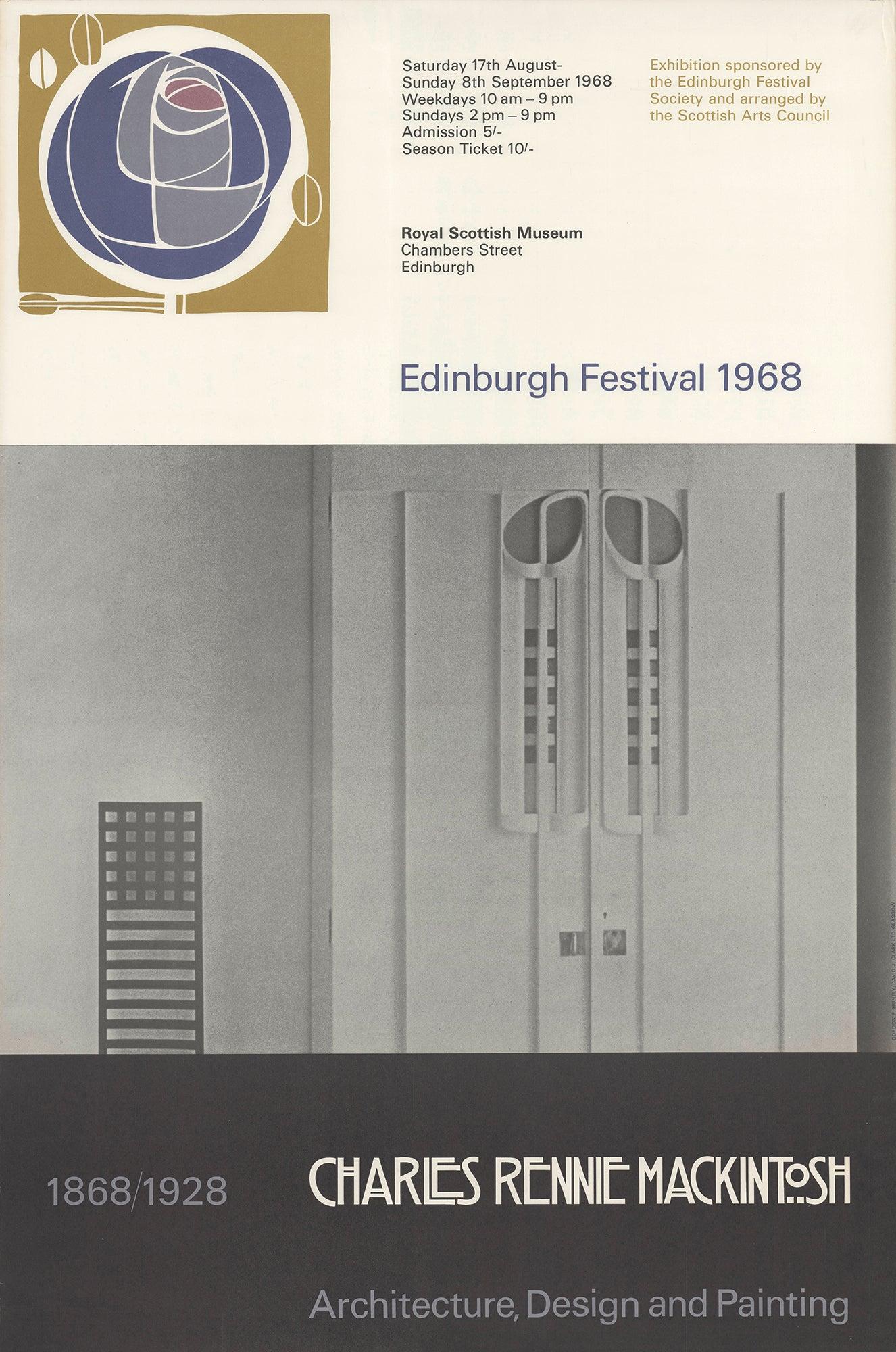 Cartel de exposición original diseñado al estilo de Charles Rennie Mackintosh para el Festival de Edimburgo, 1968. Para celebrar el legado del célebre arquitecto y diseñador escocés, el póster incorpora la geometría y los motivos florales