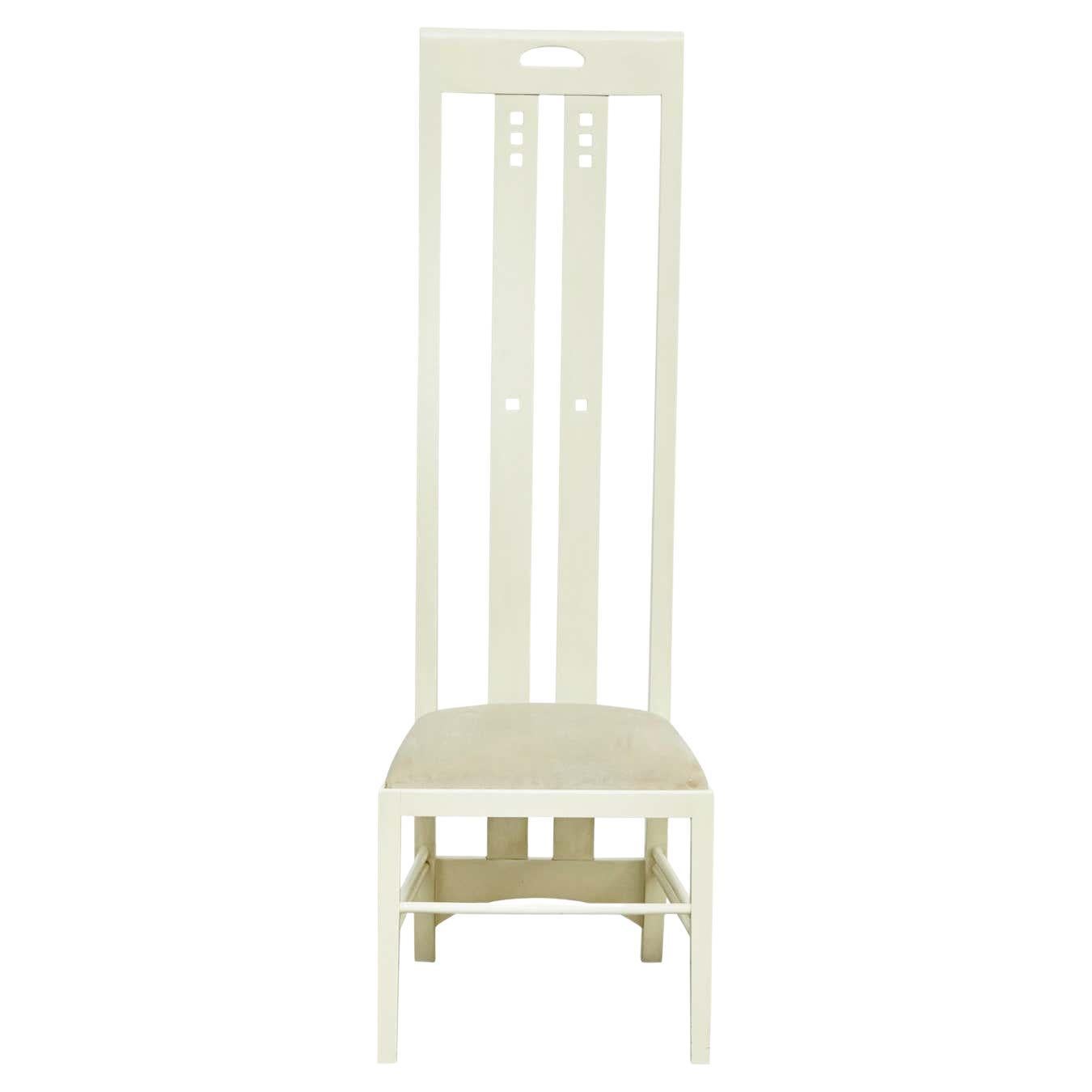 Chair designed by Charles Rennie Mackintosh, circa 1940.
By unknown manufacturer, circa 1970.

In original condition, with minor wear consistent with age and use, preserving a beautiful patina.

Material
White lacquered solid