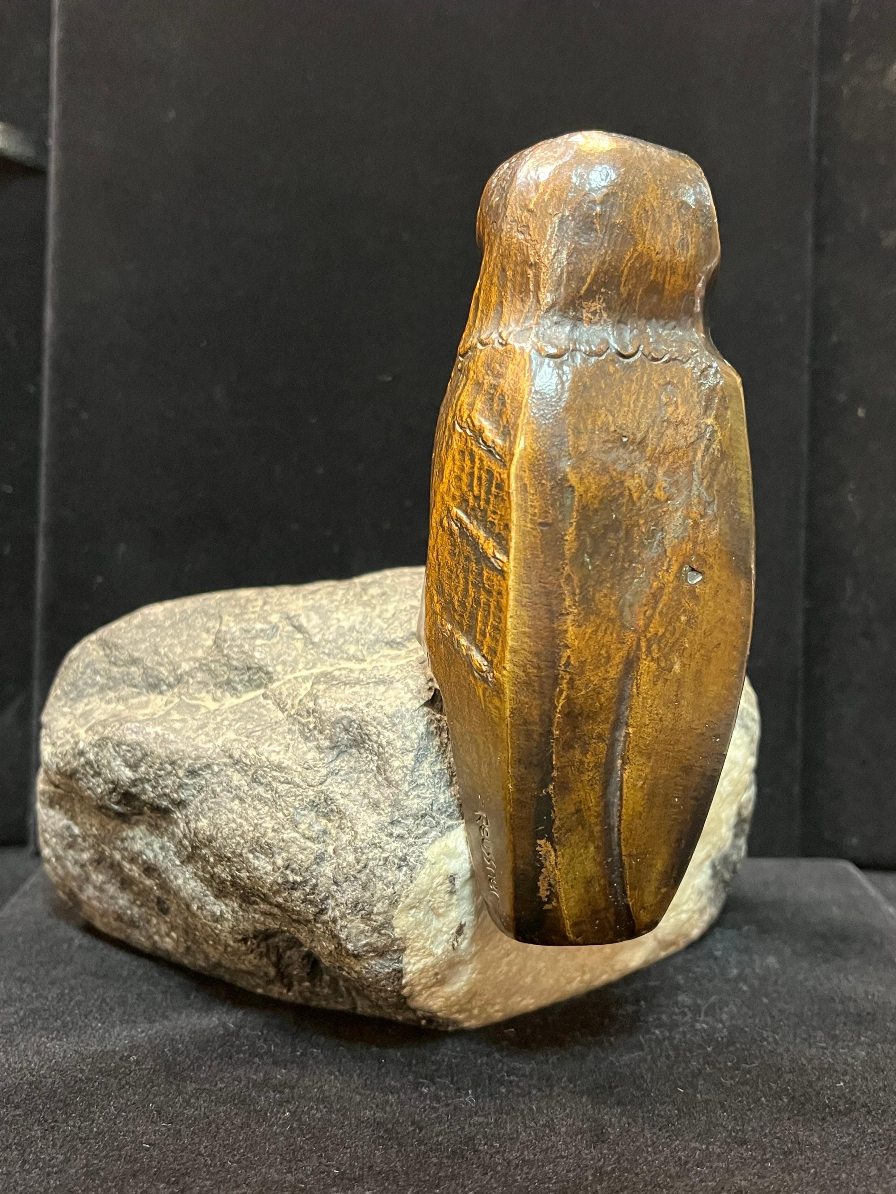 Art Deco Charles Reussner French Sculpture of a Bronze Owl Perched on a Natural Stone For Sale