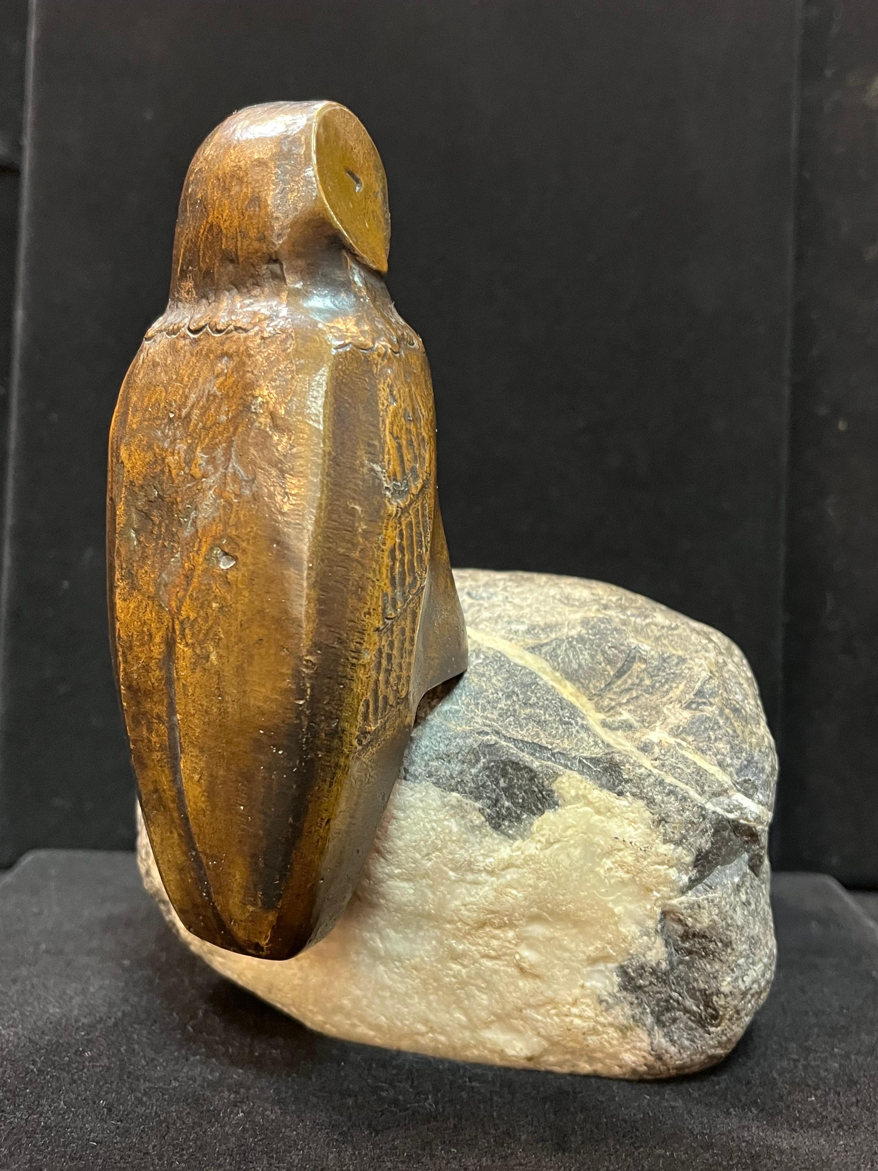 Charles Reussner French Sculpture of a Bronze Owl Perched on a Natural Stone In Good Condition In Atlanta, GA