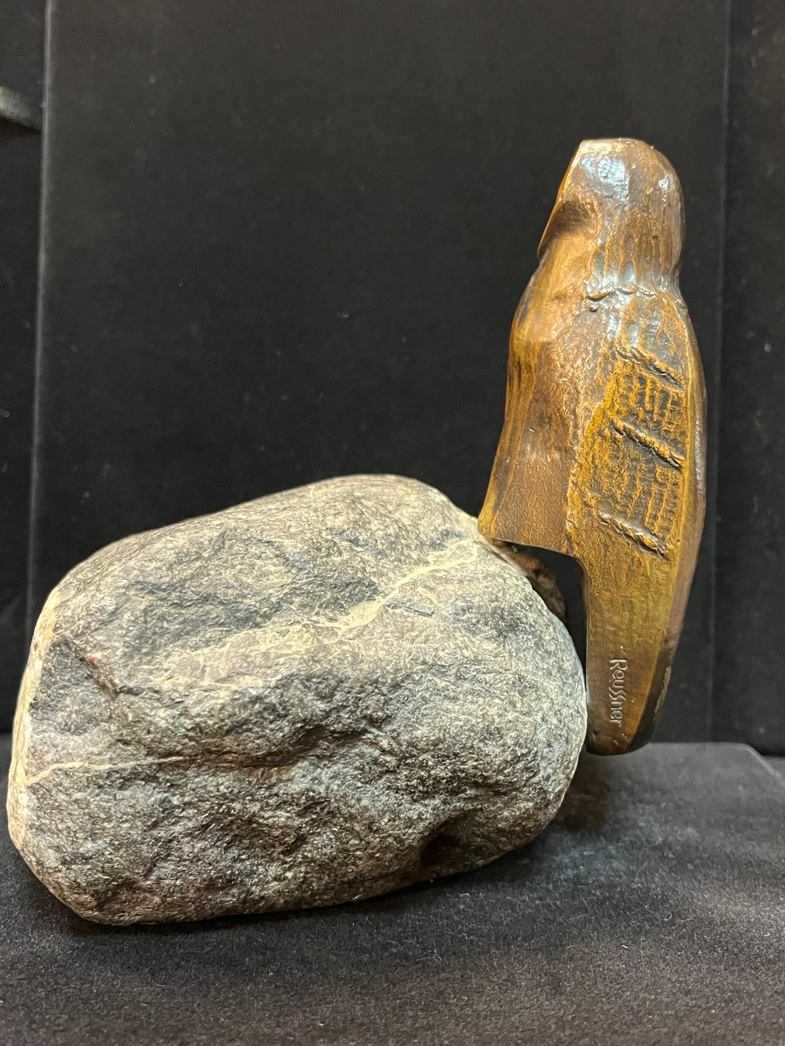 20th Century Charles Reussner French Sculpture of a Bronze Owl Perched on a Natural Stone For Sale